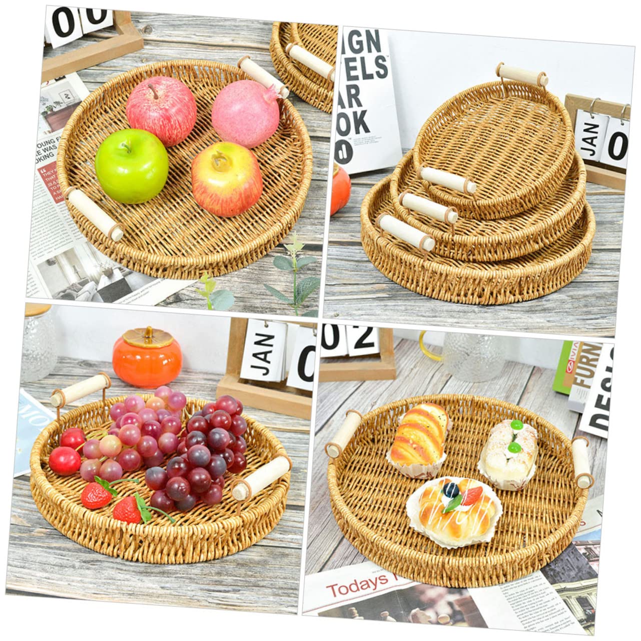 VINTORKY Fruit Snack Basket Fruit Platter Candy Decor Round Coffee Table Tray Sundries Holder Home Accents Decor Rattan Woven Basket Decorative Basket Bread Rattan Basket Food Khaki Wooden