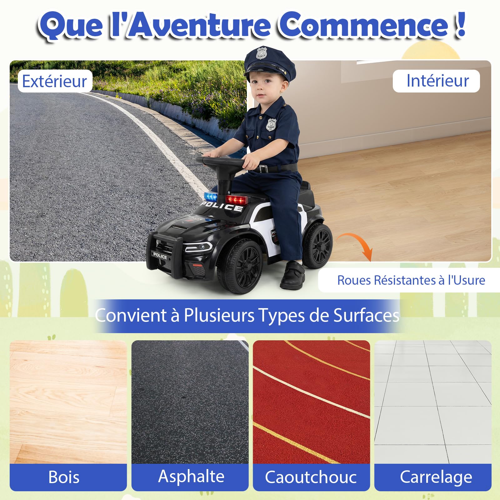 COSTWAY Porteur Enfant de Police avec Lumières Clignotantes, Musique et Sirène, Véhicule à Pousser avec Coffre à Jouets sous Siège, Dispositif Anti-basculement, Charge 20kg pour 18 Mois+ (Noir)