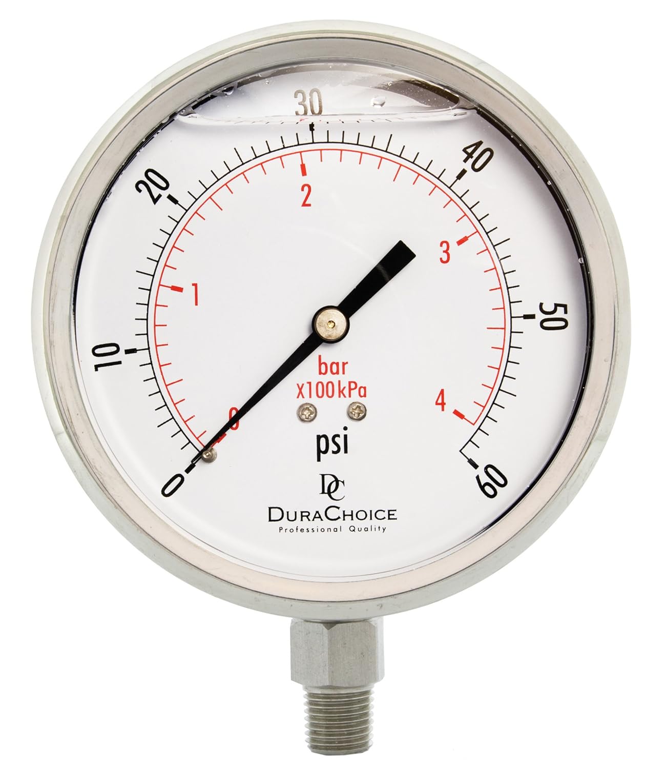 4" All Stainless Steel Oil Filled Pressure Gauge - 1/4" NPT Lower Mount 60PSI