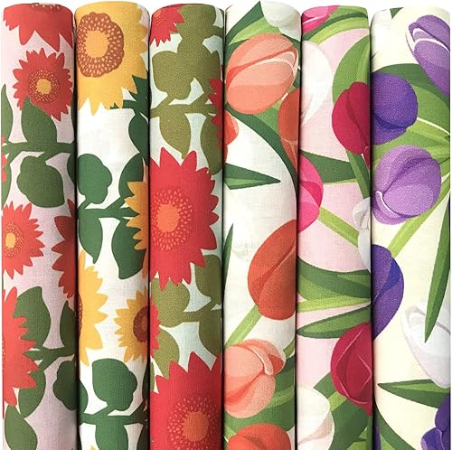 6 piezas de tela de algodón con bonito patrón de tulipanes y girasoles, paquetes de retazos precortados para costura, manualidades, manualidades,