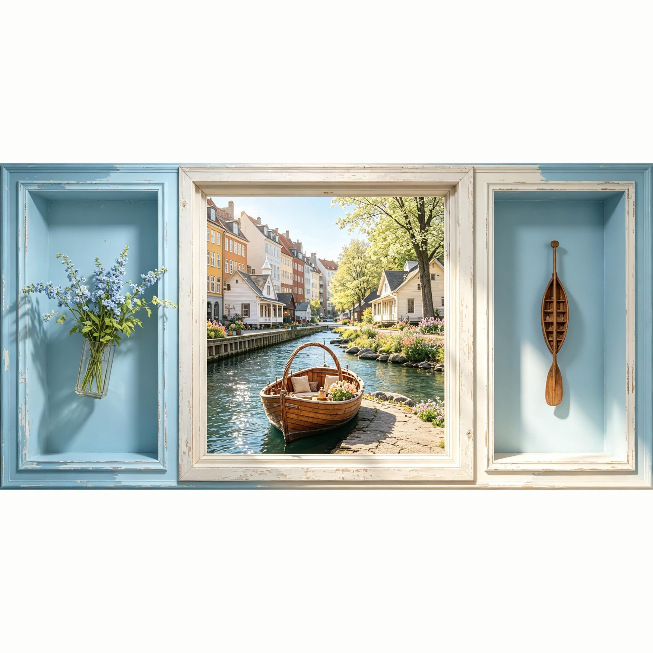 QZLITHOTIC 50x100cm 3D Framed Wall Art， European Canal Town Boat Landscape 3D Trompe l'oeil Self‑Adhesive Mural， Water‑Activated Peel & Stick Fabric Decor Wall Decal for Bedroom Living Room