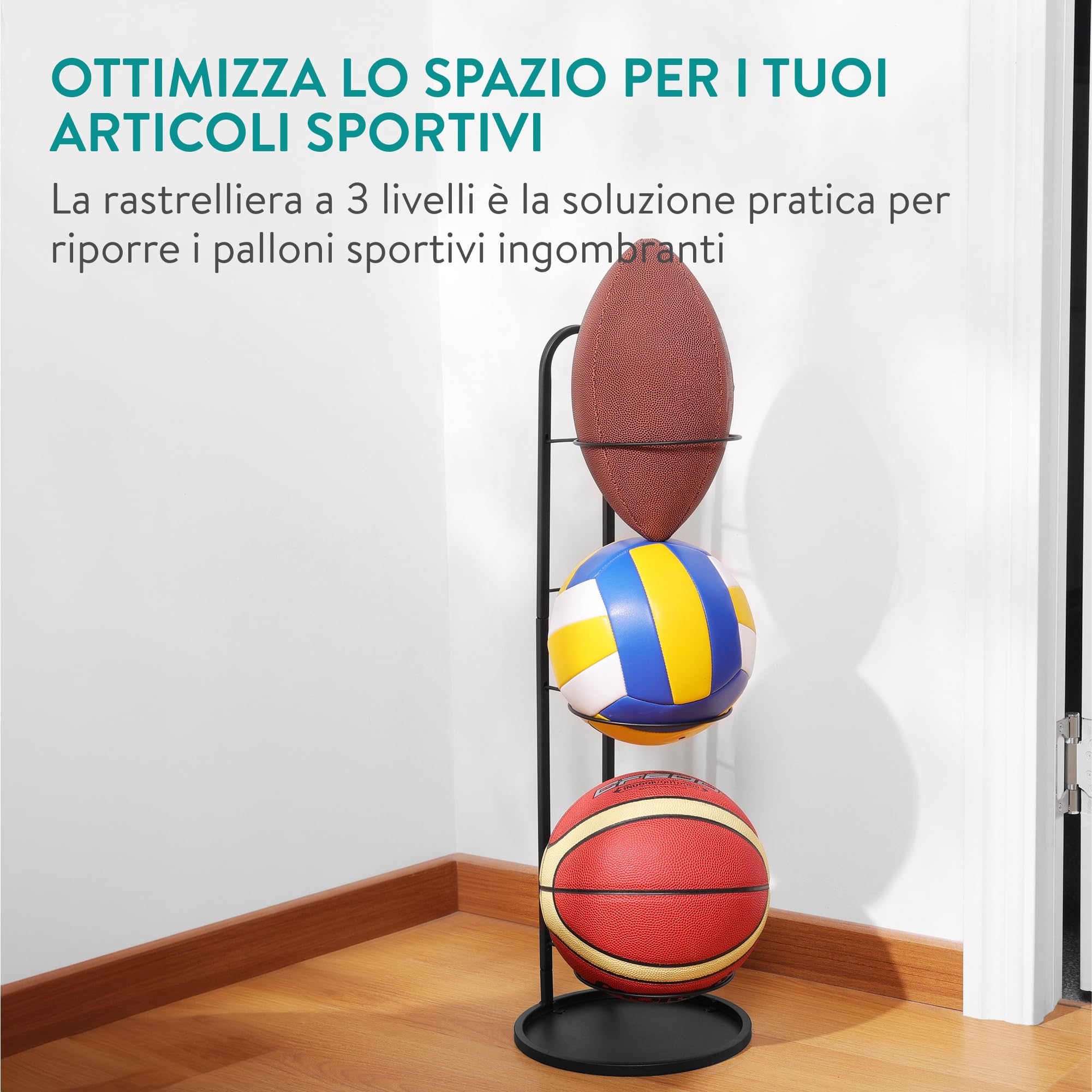 Navaris Rastrelliera da Basket - Porta Pallone Calcio Pallavolo e Altri Sport - Soluzione di Stoccaggio a 3 Livelli - Montaggio Senza Viti - in Acciaio - per Camera Garage Palestra