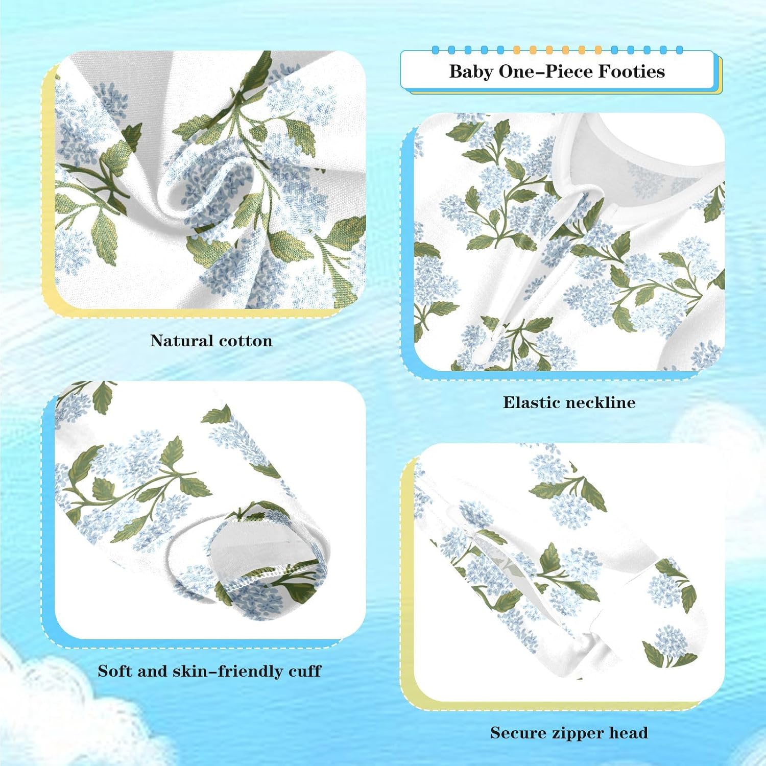 Blue Blooming Hydrangea Floral Baby Girl One Piece Footie, Infant Bodysuits Sleep Baby Boy Play Footed, 6-9 Months