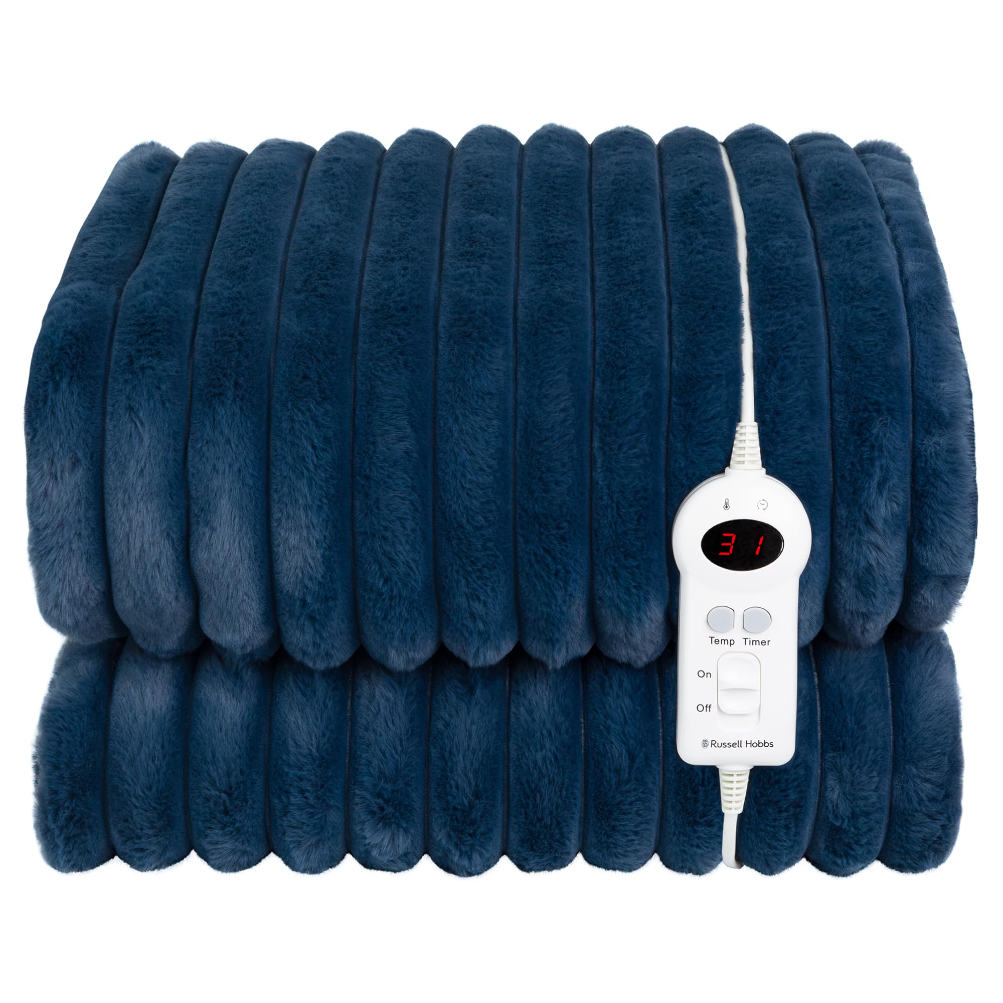 Russell Hobbs Electric Blanket Navy Blue Heated Throw Faux Fur & Sherpa 130 x 180 cm with ...