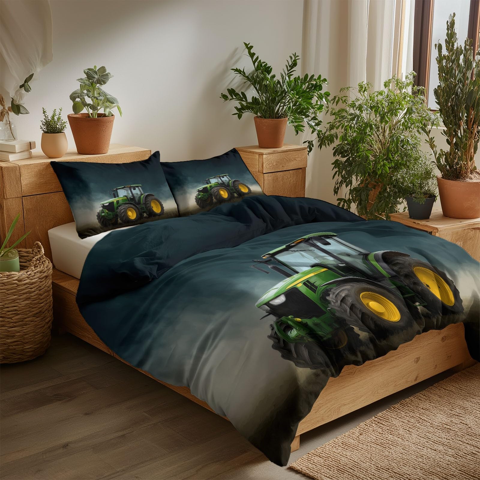 Generisch Bettwäsche 155x220cm Grüner Traktor Bettwäsche Set, Weich Atmungsaktiv Mikrofaser 3teilig Bettbezug für Schlafzimmer Kinderzimmer, mit 2 Kissenbezüge 80x80 cm