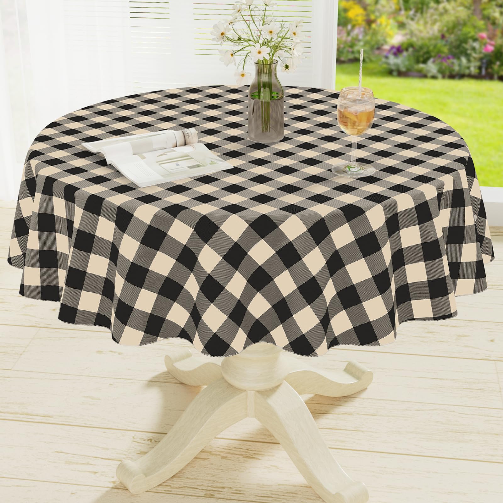 Photo 1 of misaya Round Waterproof Vinyl Table Cloth, Buffalo Flannel Backed Tablecloth, Wipeable Plastic Table Cover for Dinner, Kitchen, Picnic (60", Black and Beige)