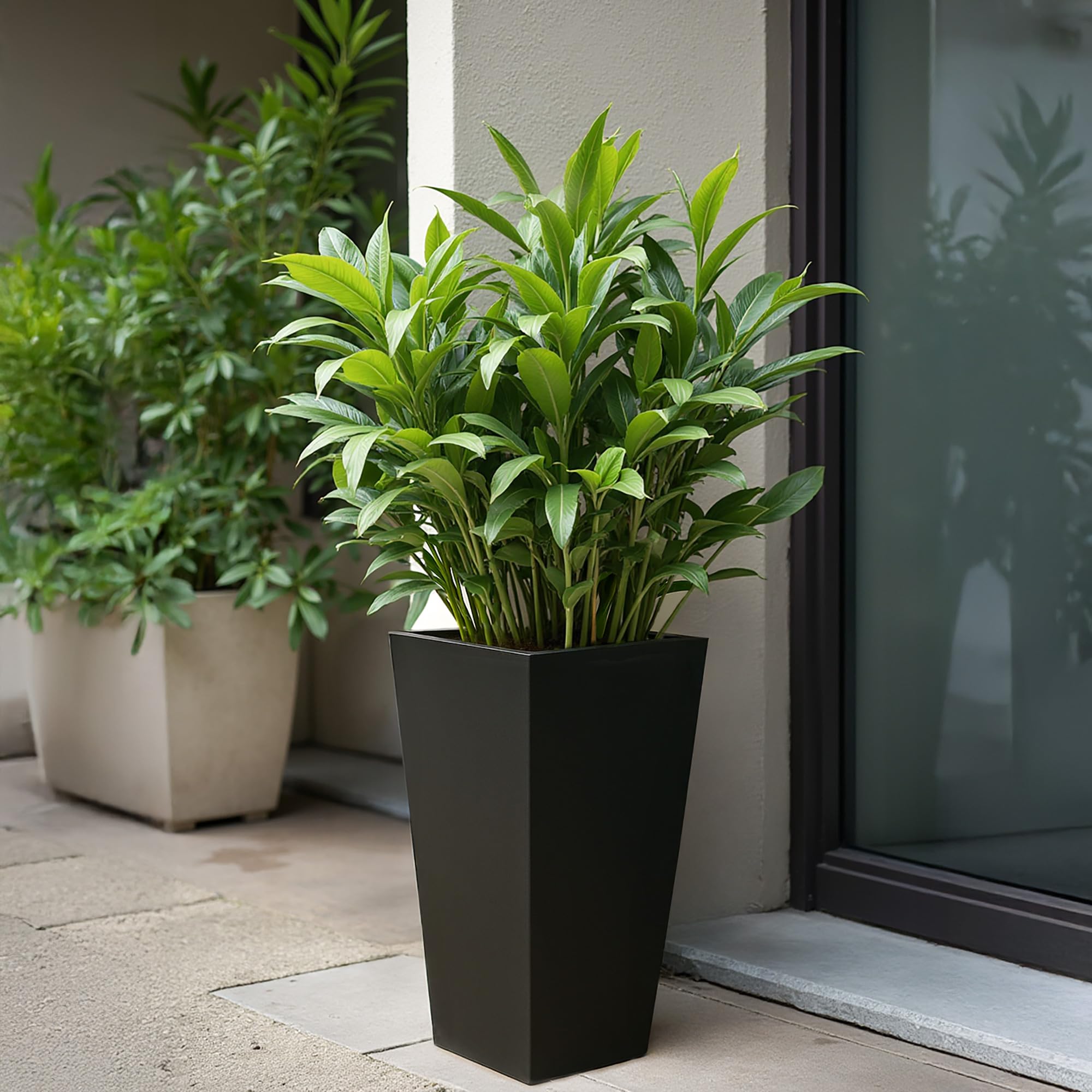 IDEALIST Small 38cm Tall Planter for Garden | Black Reinforced Stone Tapered Square Planter | Outdoor Pots with Drainage Holes L18 W18 H38 cm, 13 litres — image 1