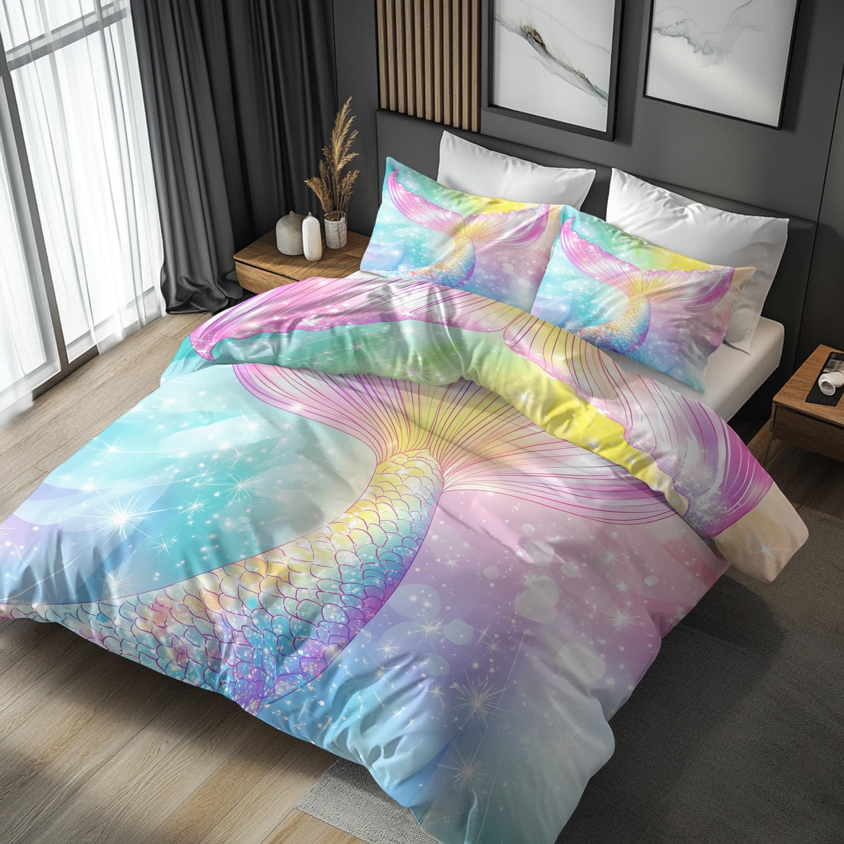 Genérico Funda Nordica Cama 90 Sirena Niña, Funda Edredon 150x200 y 2 Fundas de Almohada 50x75, Juego de Ropa de Cama de 3 Piezas Microfibra Suave con Cremallera AXab39