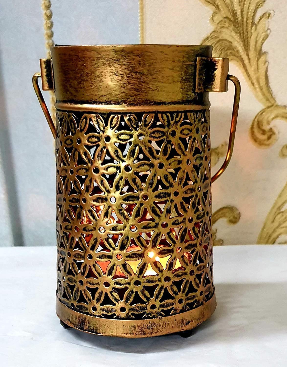 Gunendra Crafts Home Decor Handcrafted Beautiful Hanging Metal Lota Candle Holder Antique Shade Box for Home Decoration|Lantern|Candle Stand|Gifting (11 x 11 x 16 cm)