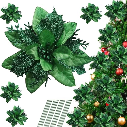 Miniatura 3 de YYCRAFT 12 flores artificiales de seda brillante con purpurina para decoración de árbol de Navidad (verde, 6 pulgadas)