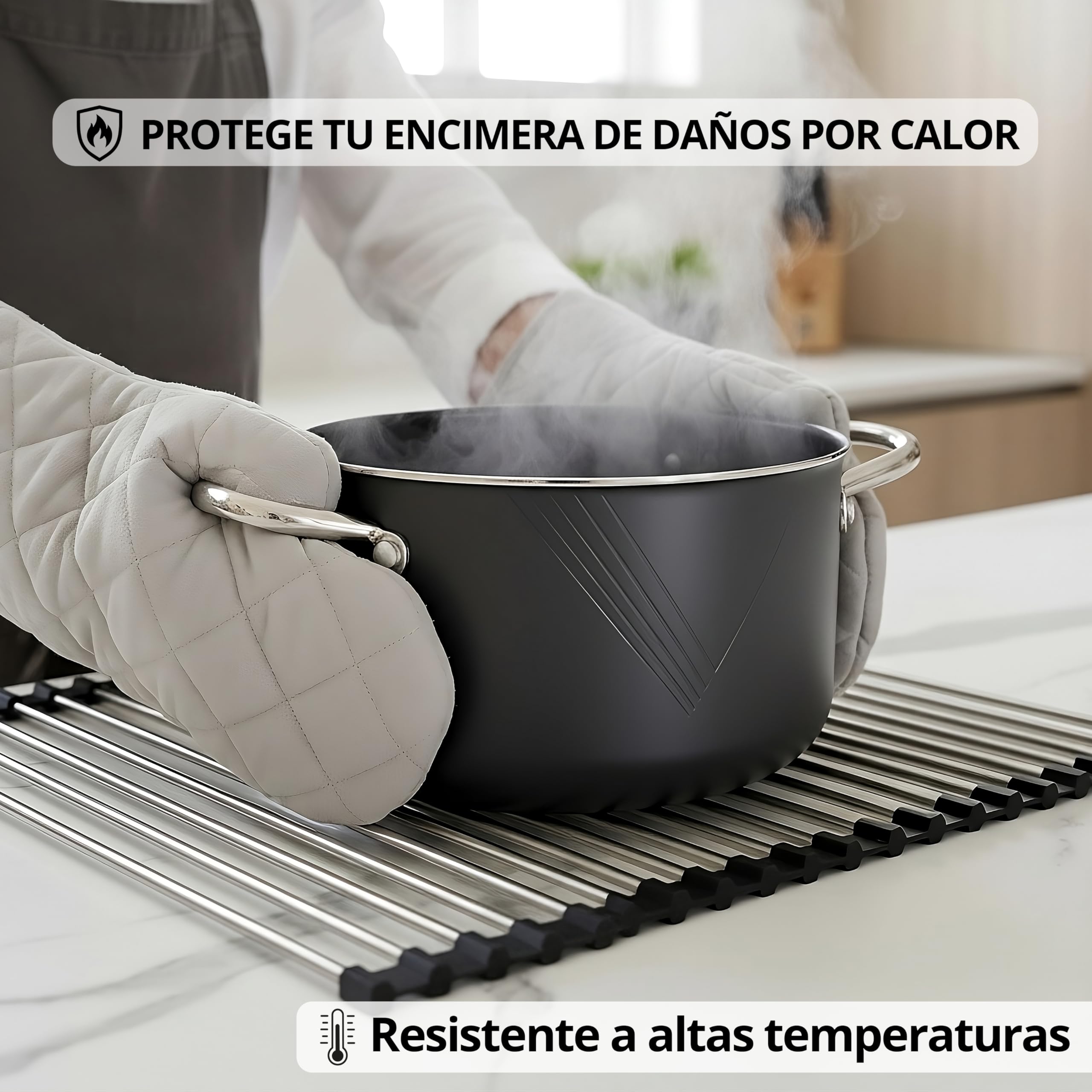 Escurreplatos sobre Fregadero + Soporte Estropajo, Escurridor de Platos y Verduras para Fregadero Plegable y Enrollable (43x35cm), Acero Inoxidable SUS 304 y Silicona, Base Resistente al Calor