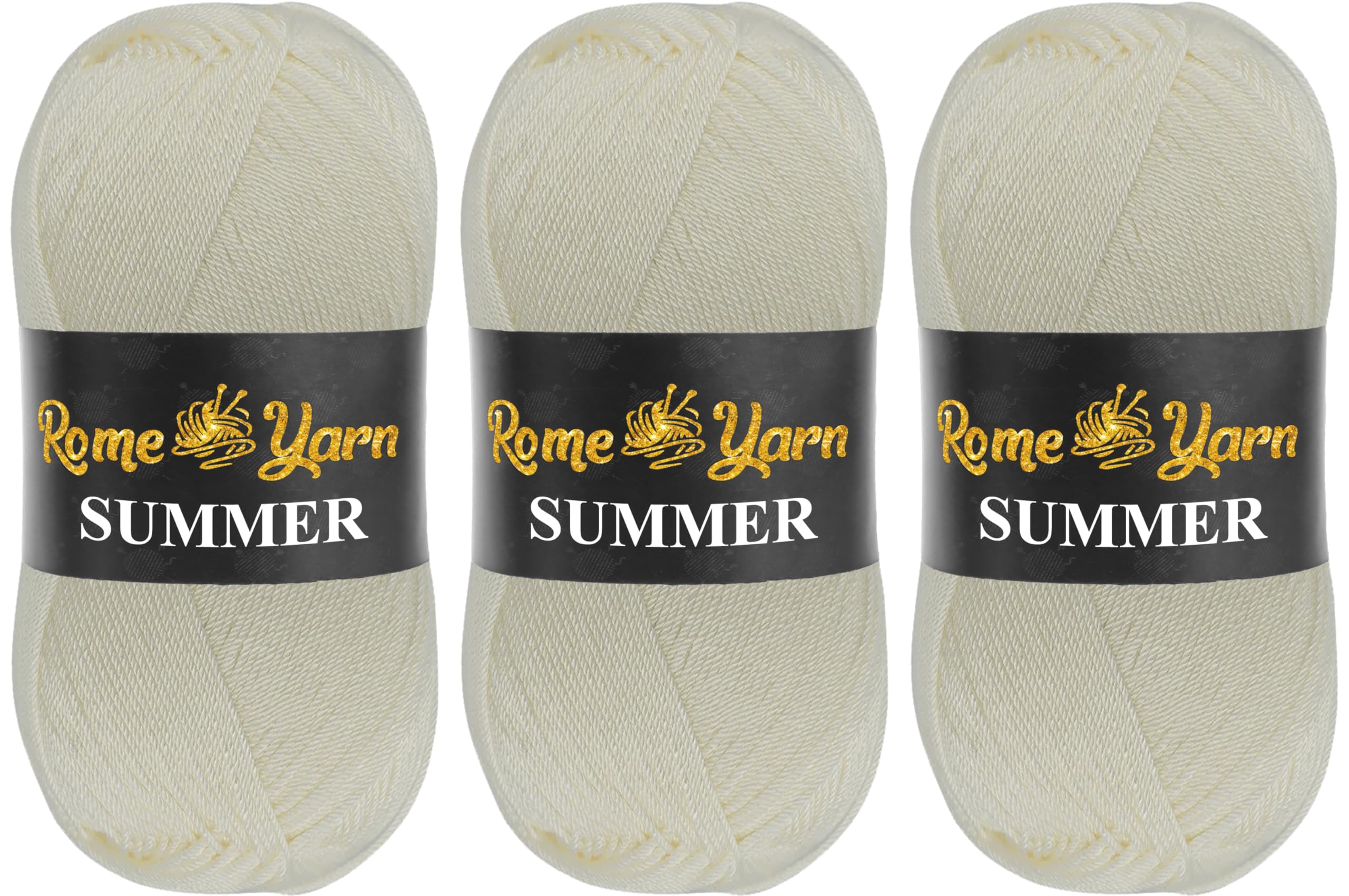 Rome Yarn Summer Yarn - 3 x 100 g (350 m) with Silk Effect | Satin Texture Anti-Pilling Microfiber Acrylic | #2 Fine Lightweight Yarn for Knitting & Crochet (19 Ecru)