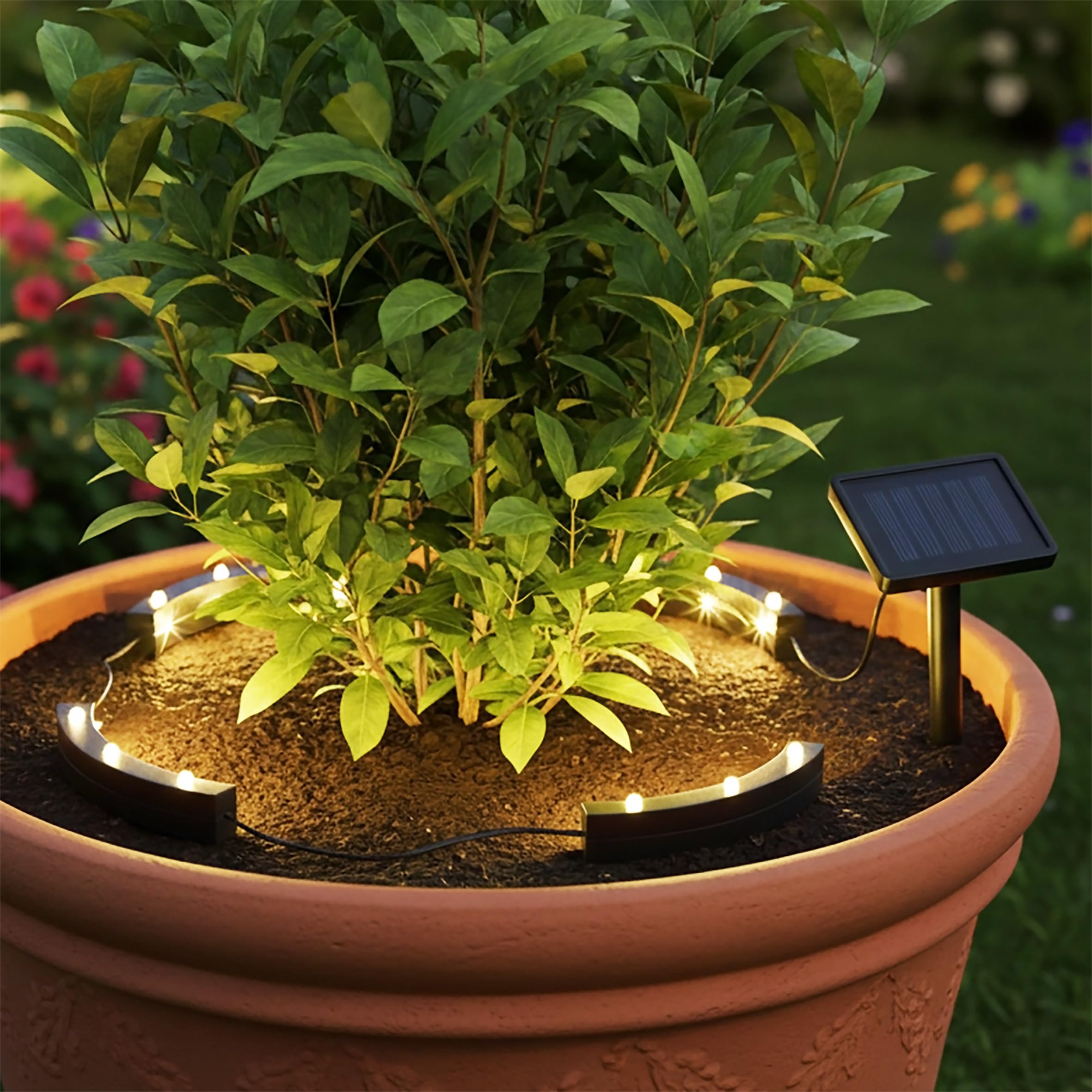 Spetebo LED Solar Blumentopf Beleuchtung warm weiß - 4er Set - Deko Strahler Kranz für Topfpflanze und Blumenbeet - Garten Pflanzenstrahler Blumenkübel Solarleuchte Pflanzen Spotlight