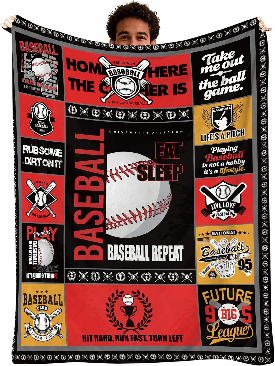 Baseball Sayings Throw Blanket 60x50 in - Soft Flannel Fleece, Red Black Collage Design, Boys & Teen Room Decor, Gift for Baseball Players, Fans & Coaches
