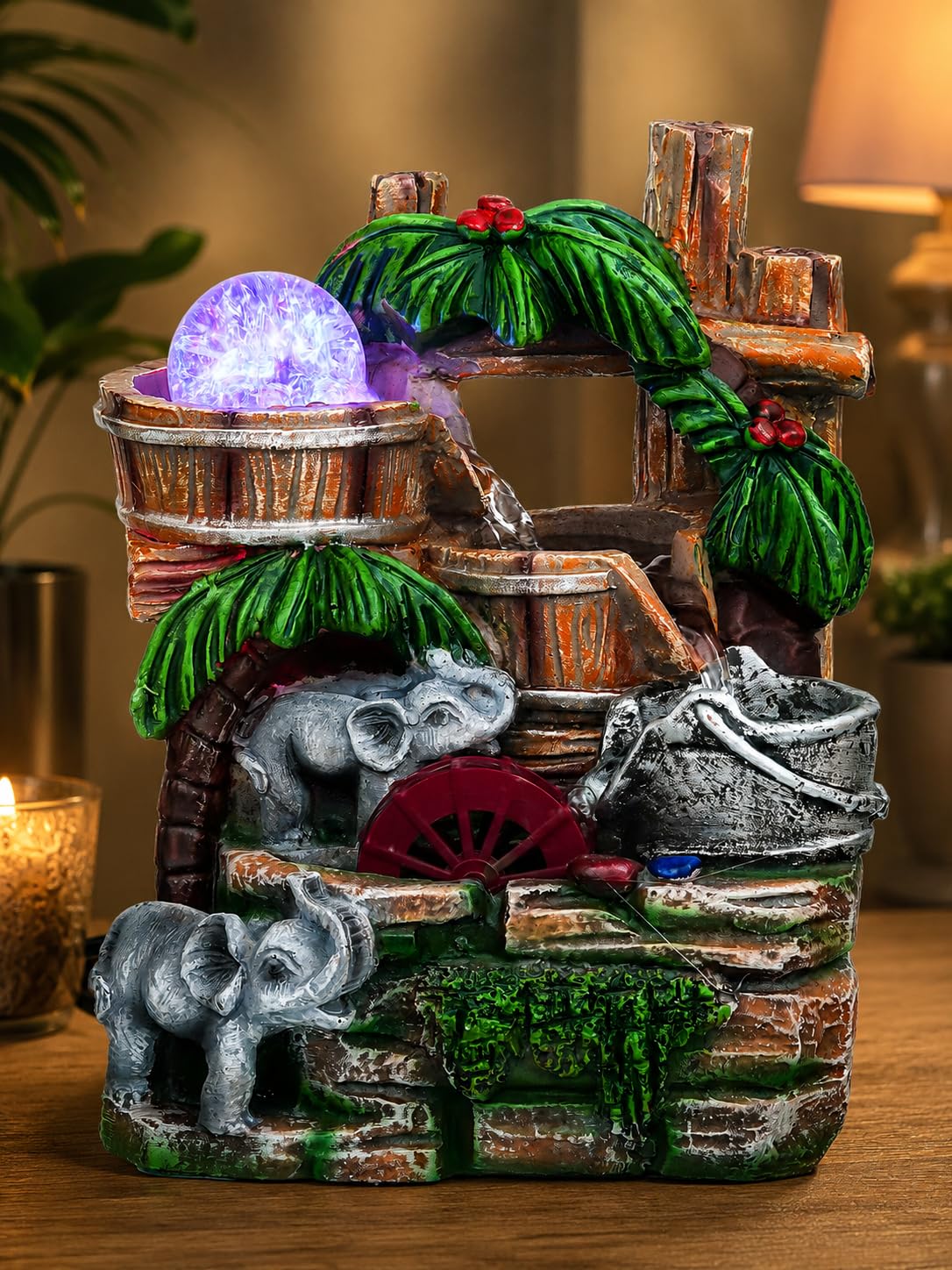 CHRONIKLE Polyresin Elephant Design Tabletop 3 Steps Indoor Water Fountain for Home Decor with LED Light, Speed Controller Pump & Crystal Ball (Size: 15 x 18 x 28CM |Color: Multi | Weight: 920 Gram)-image-43