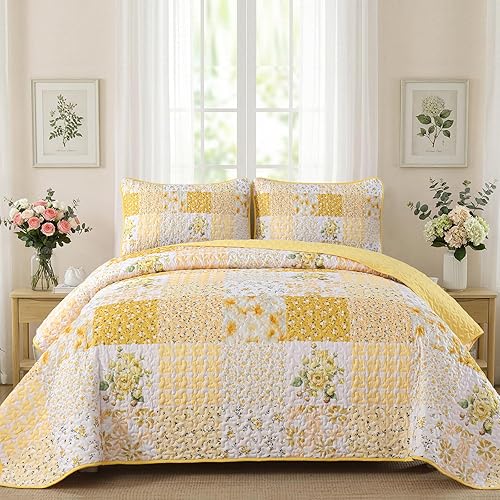 Miniatura 33 de Mybedsoul Juego de colcha azul tamaño king de 3 piezas, diseño bohemio a cuadros, colcha floral azul agua con 2 fundas de almohada, juego de ropa