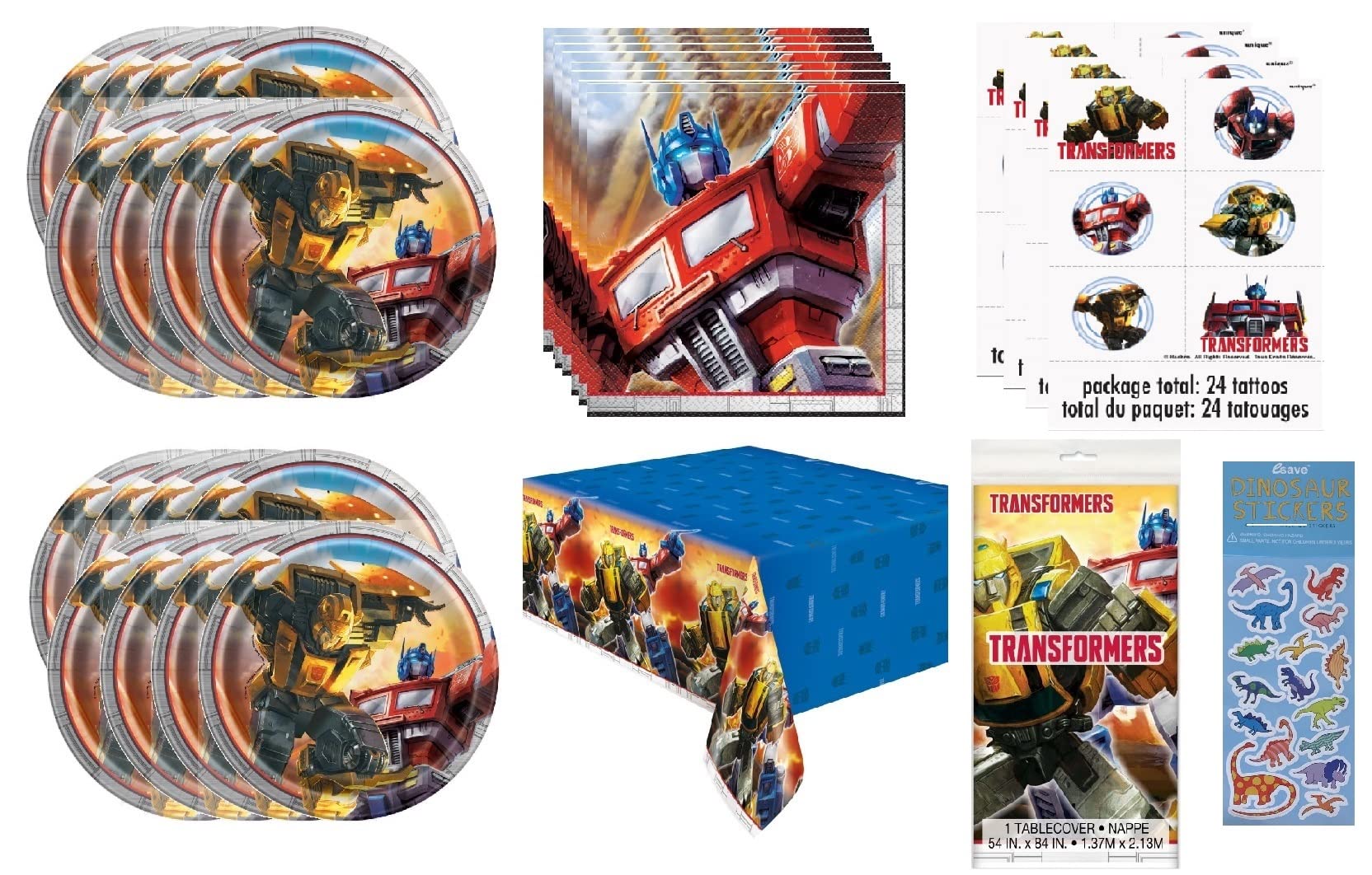 Transformers Birthday Party Supplies Bundle Pack Serves 16 includes 16 Plates, 16 Napkins, 1 Table Cover, 24 Tattoos, 1 Dinosaur Sticker Sheet