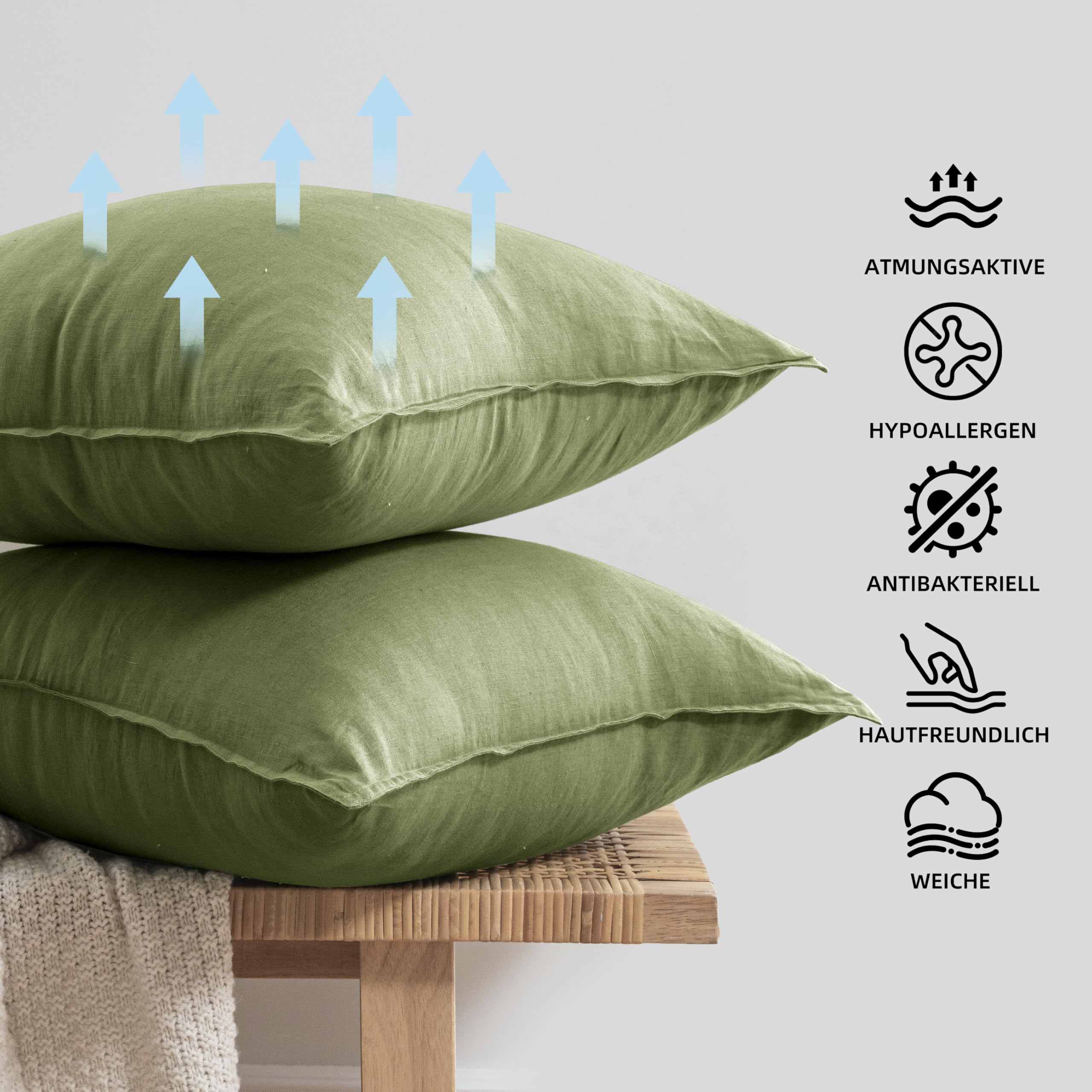 CHUFFED Juego de 2 fundas de almohada de 50 x 75 cm, 100 % lino lavado a la piedra, funda de almohada de 50 x 75 cm, hipoalergénica y transpirable, con cremallera, color verde oscuro