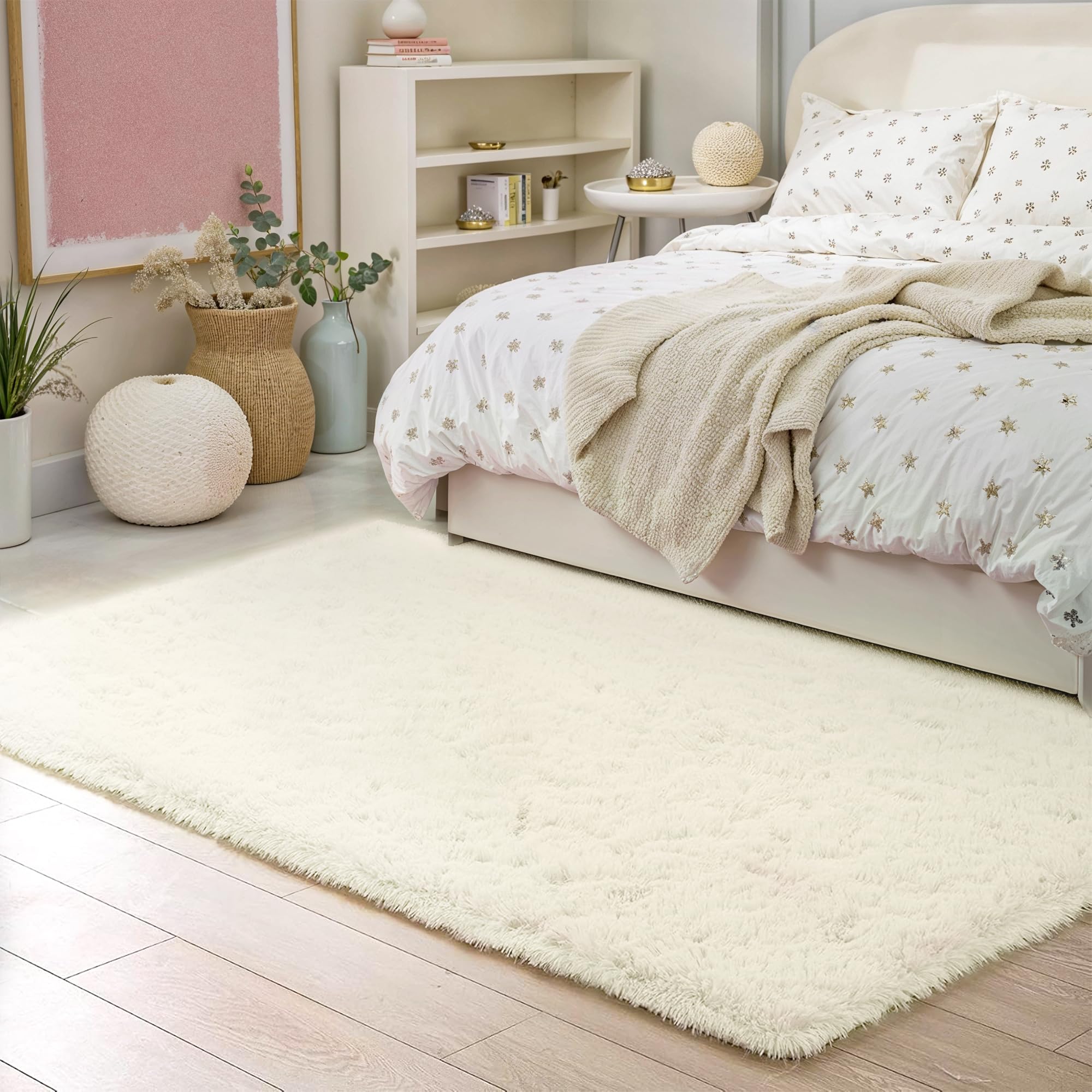 BEIMO Hochflor Teppich Flauschig Creme Teppich Wohnzimmer 60X120CM Teppiche Schlafzimmer Anti-Rutsch Bettvorleger Teppiche Weich rutschfest für Kinderzimmer