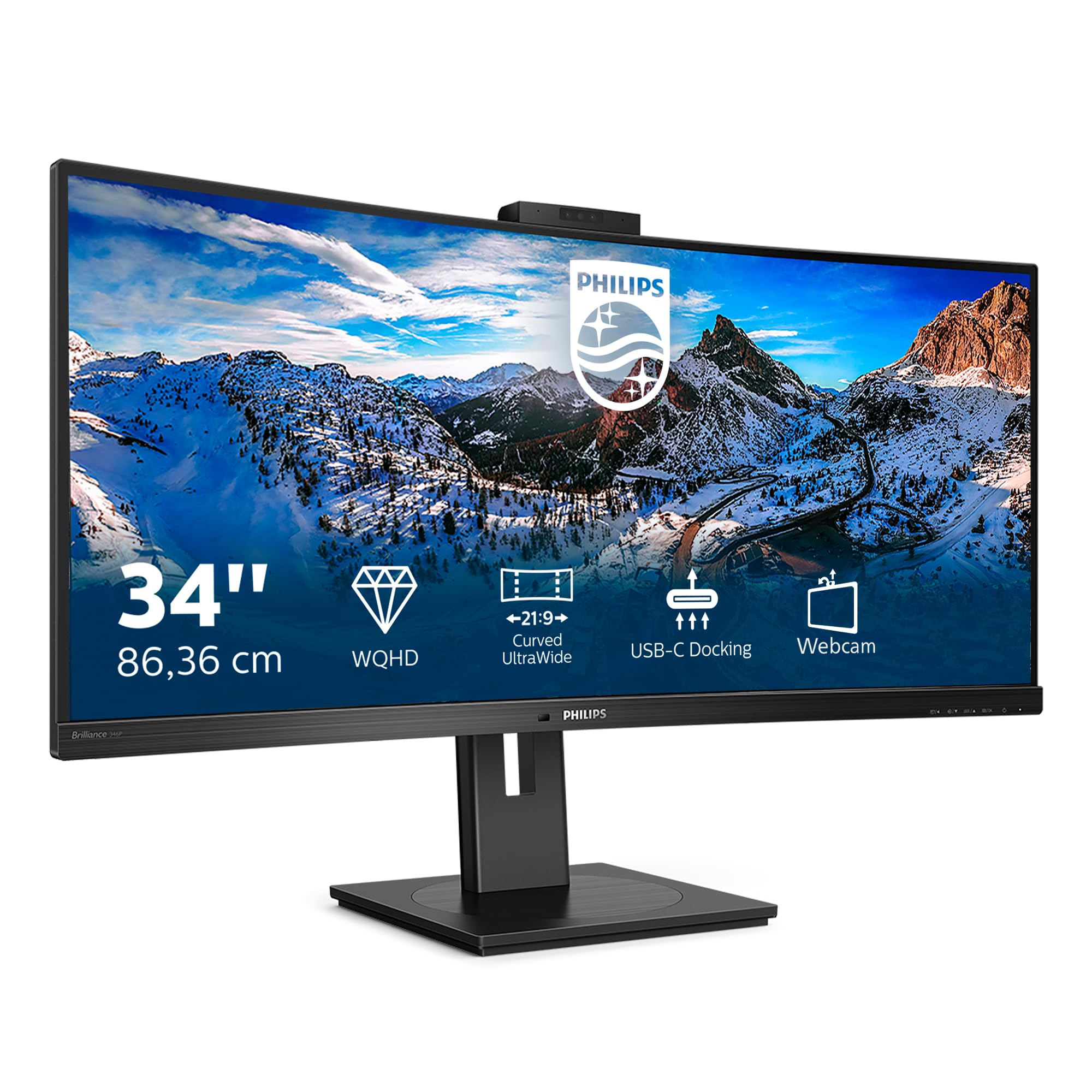 Philips 346P1CRH - 34 Inch QGHD Curved ultrawide Monitor, 100Hz, 4ms, VA, USB-C Dock, Webcam, Speakers, HDR 400 (3440 x 1440, 500 cd/m², HDMi/DP/USB-C/USB 3.2)