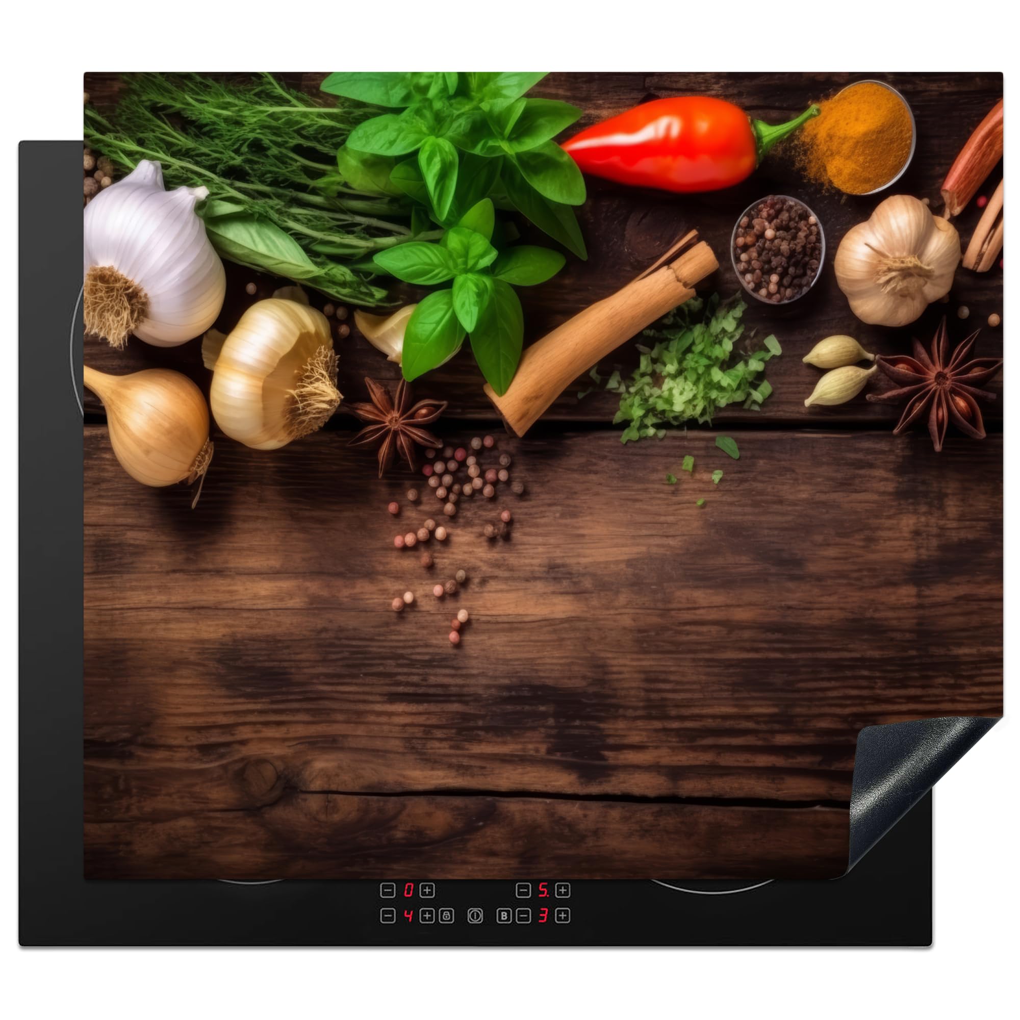 KitchenYeah© Induction Hob Protector Mat 20.3"x22.7" / 57.6x51.6 cm Stove Cap Top Cover Kitchen Cooker Covers for Electric Hobs Vinyl Garlic - Herbs - Vegetables - Spices - Wood - Still Life