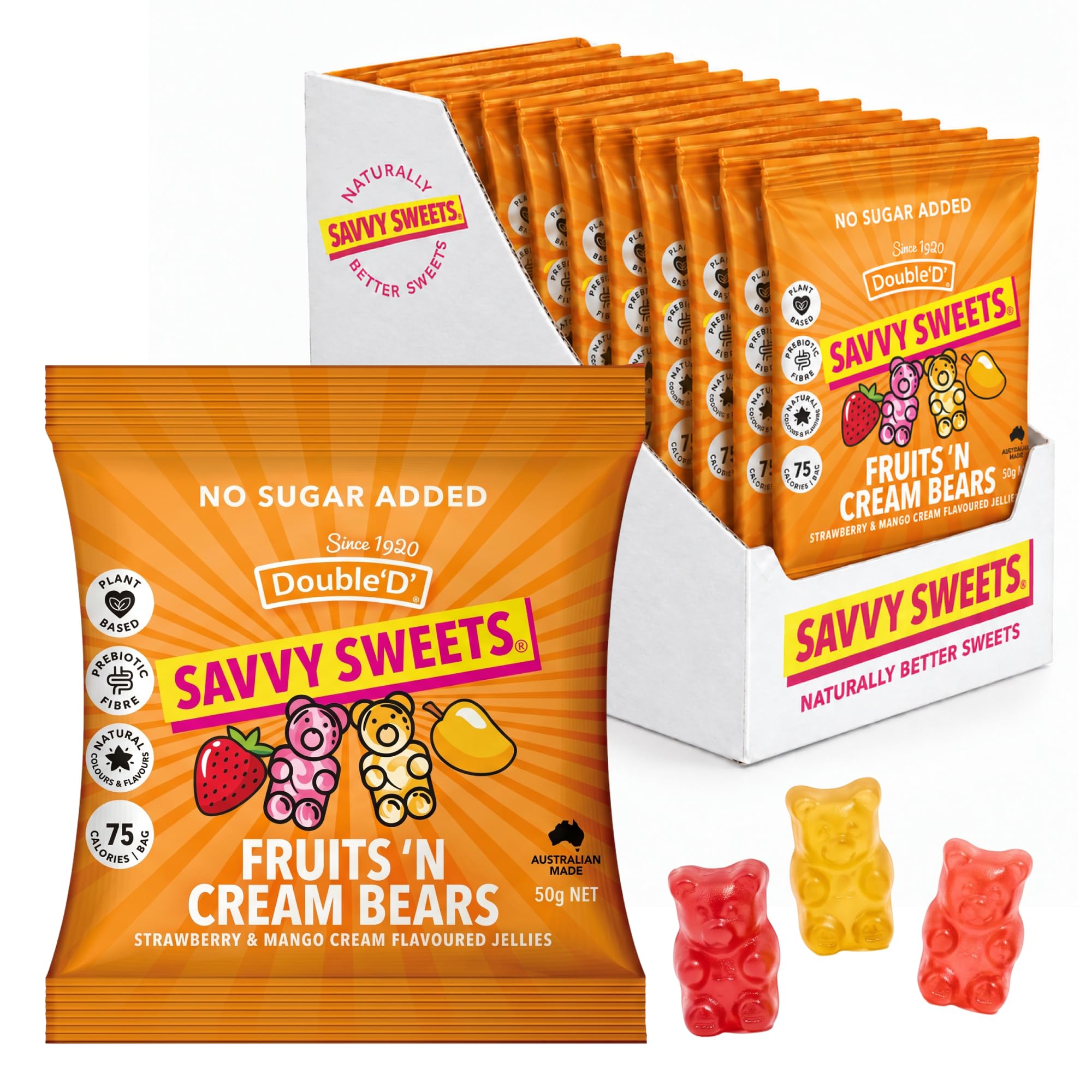 SAVVY Sweets Fruits & Cream Bears - Low Sugar, High Fibre, 12 x 50 g Bags