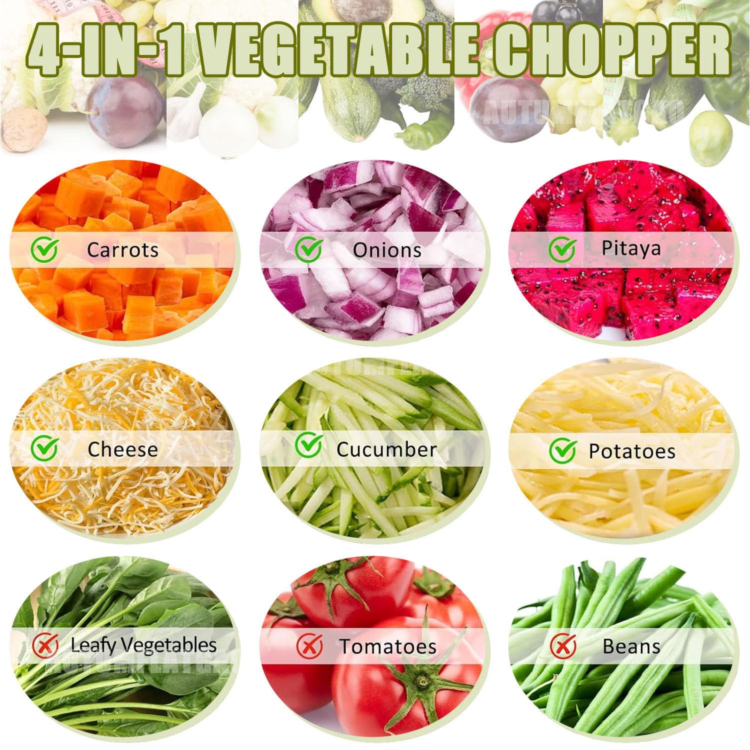 Cortador De Verduras Electrico, Picadora De Verduras, Doble Puerto De Alimentación, Procesador De Alimentos con 4 Cuchillas De Acero Inoxidable para Zanahorias, Patatas Y Cebollas