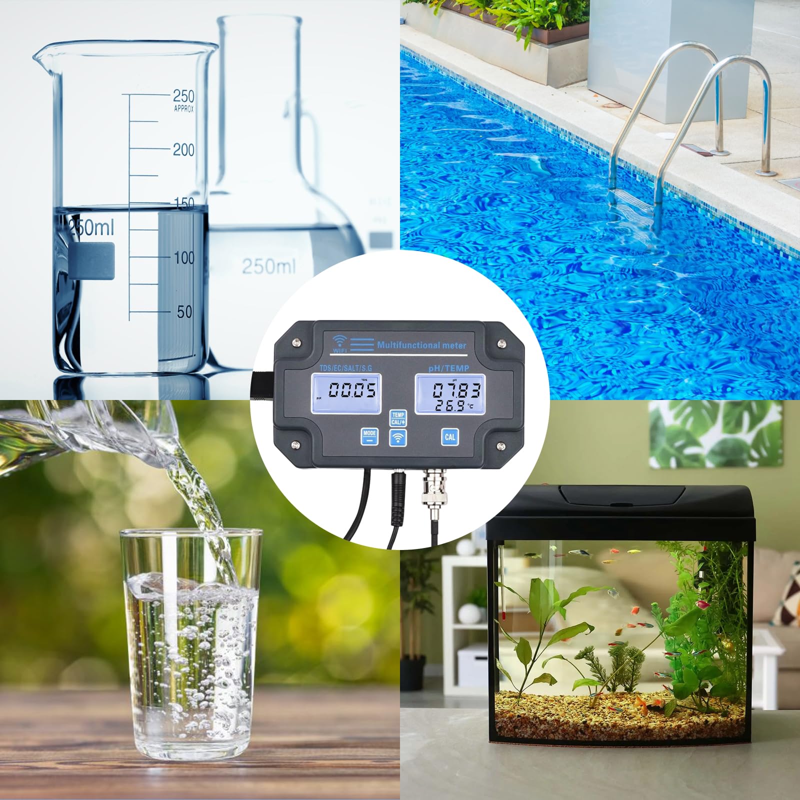 Probador inteligente de calidad del agua 6 en 1 con monitoreo Wi-Fi, pH, EC, TDS, sal, SG, temperatura, controlado por aplicación, alertas en tiempo real, calibración, diseño de ahorro de espacio para