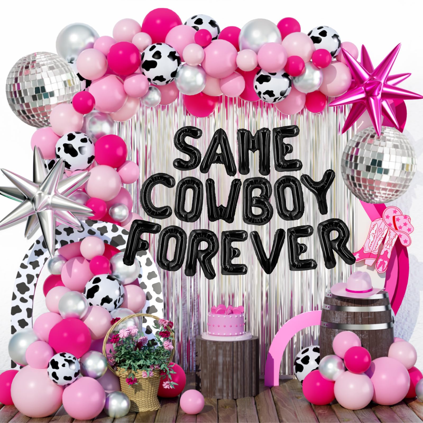 Party Inspo Same Cowboy Forever Bachelorette Decorations - Western Disco Cowgirl Party, Nashville Bridal Shower Fringe Curtain Balloon Pink Silver