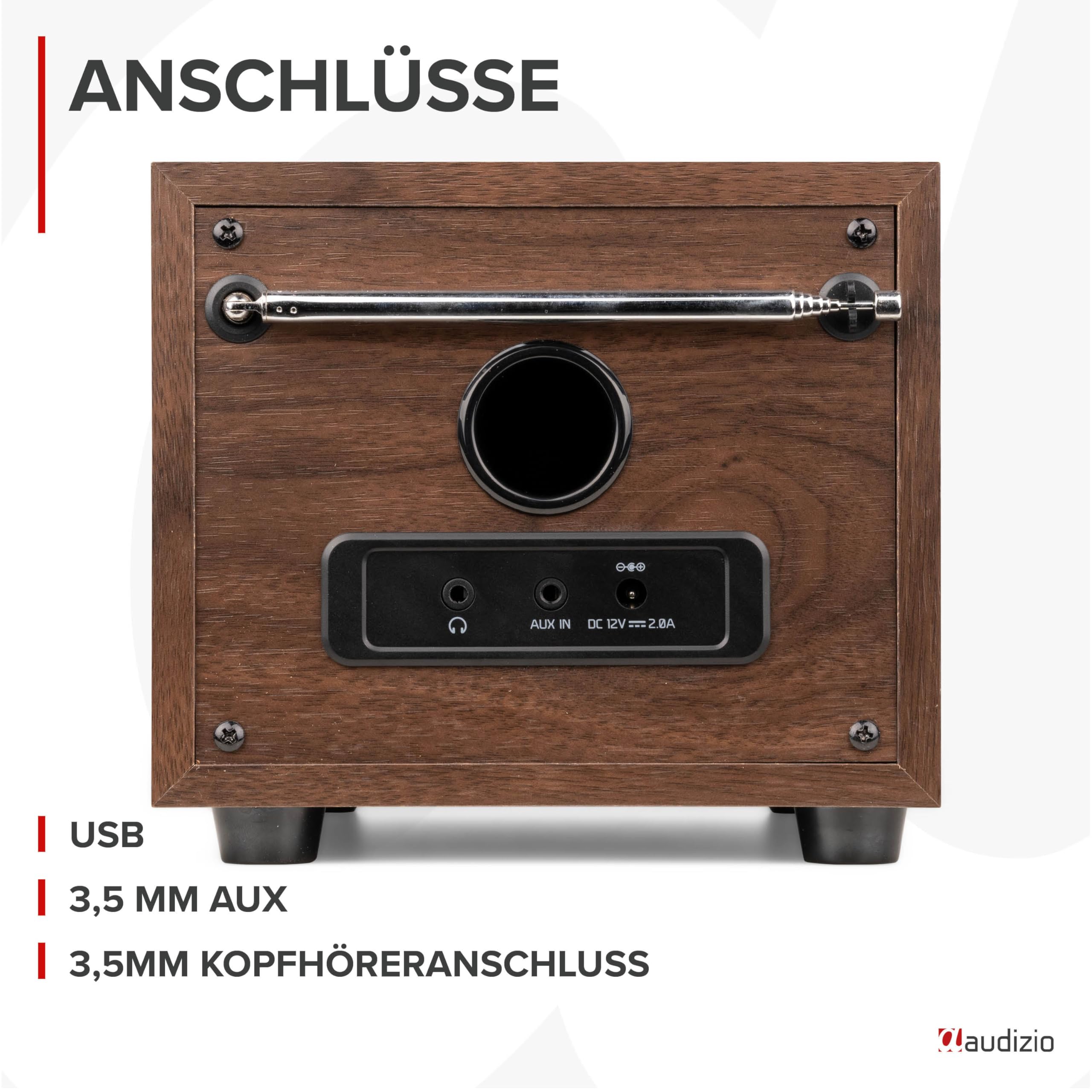 Audizio Vieste - DAB Radio mit Bluetooth, 60 Watt Lautsprecher, DAB Plus Radio mit USB Anschluss, FM & UKW, Weckerfunktion, 20 Speicherplätze, Auto-Suchlauf, Holz Braun
