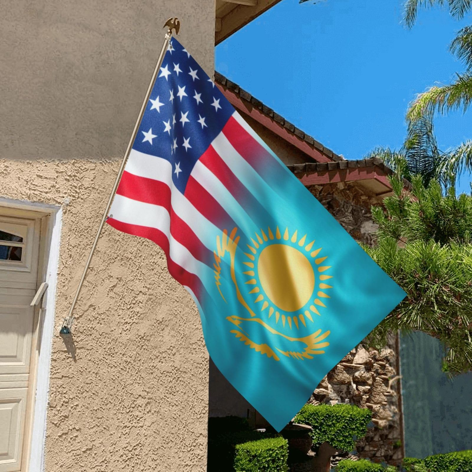 Amazon.com: 哈薩克斯坦國旗和美國國旗,3x5 英尺(約3.8 x 5 公尺)單面鮮豔色彩和防紫外線防褪色旗幟,適用於戶外房屋房間:  露臺、草皮與花園