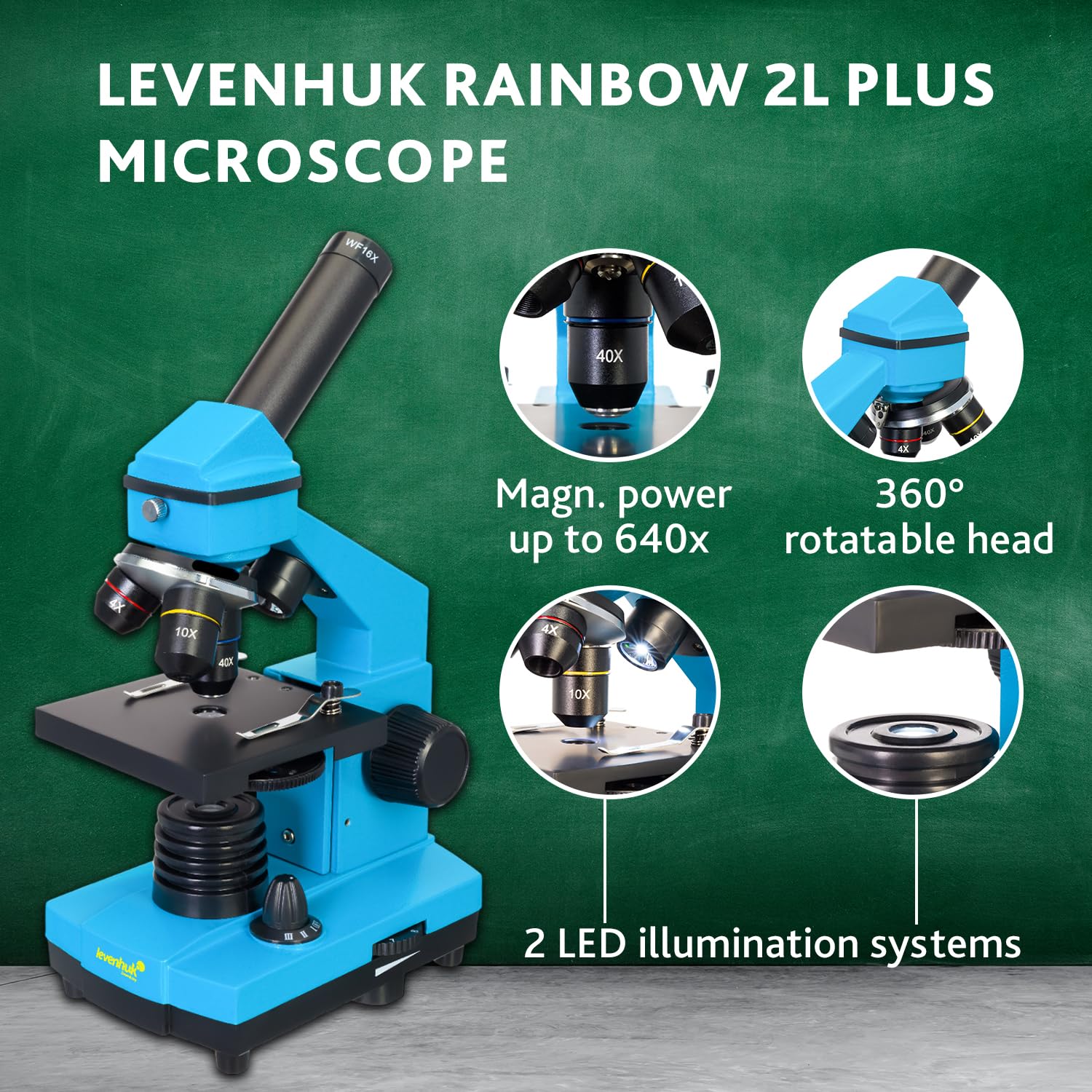Levenhuk Rainbow 2L Plus Azure Kit Stem de Laboratorio Doméstico para Niños con Microscopio Portátil de 640x, Guía de Experimentos Ilustrada, Muestras Preparadas y Herramientas Científicas (EN)