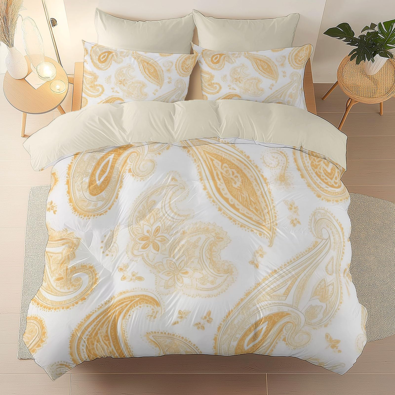 Parure de lit 3 pièces adulte crème 240x260 cm avec housse de couette imprimée
