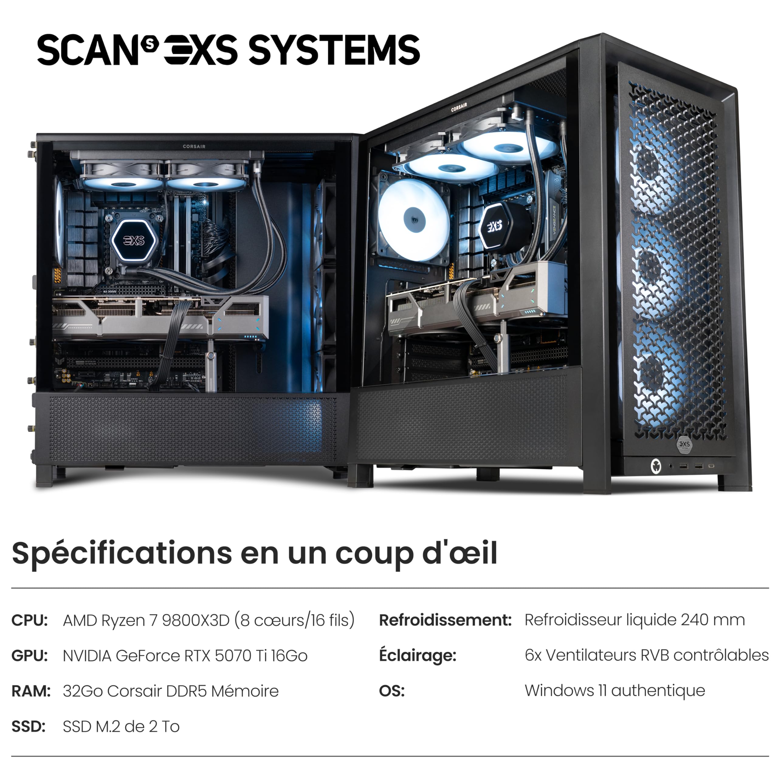 Mélion 5070 Ti PC de Jeu Ryzen 9800X3D refroidi à l'eau 32 Go RAM DDR5 SSD NVME 2 to WiFi Windows 11 Xbox Game Pass