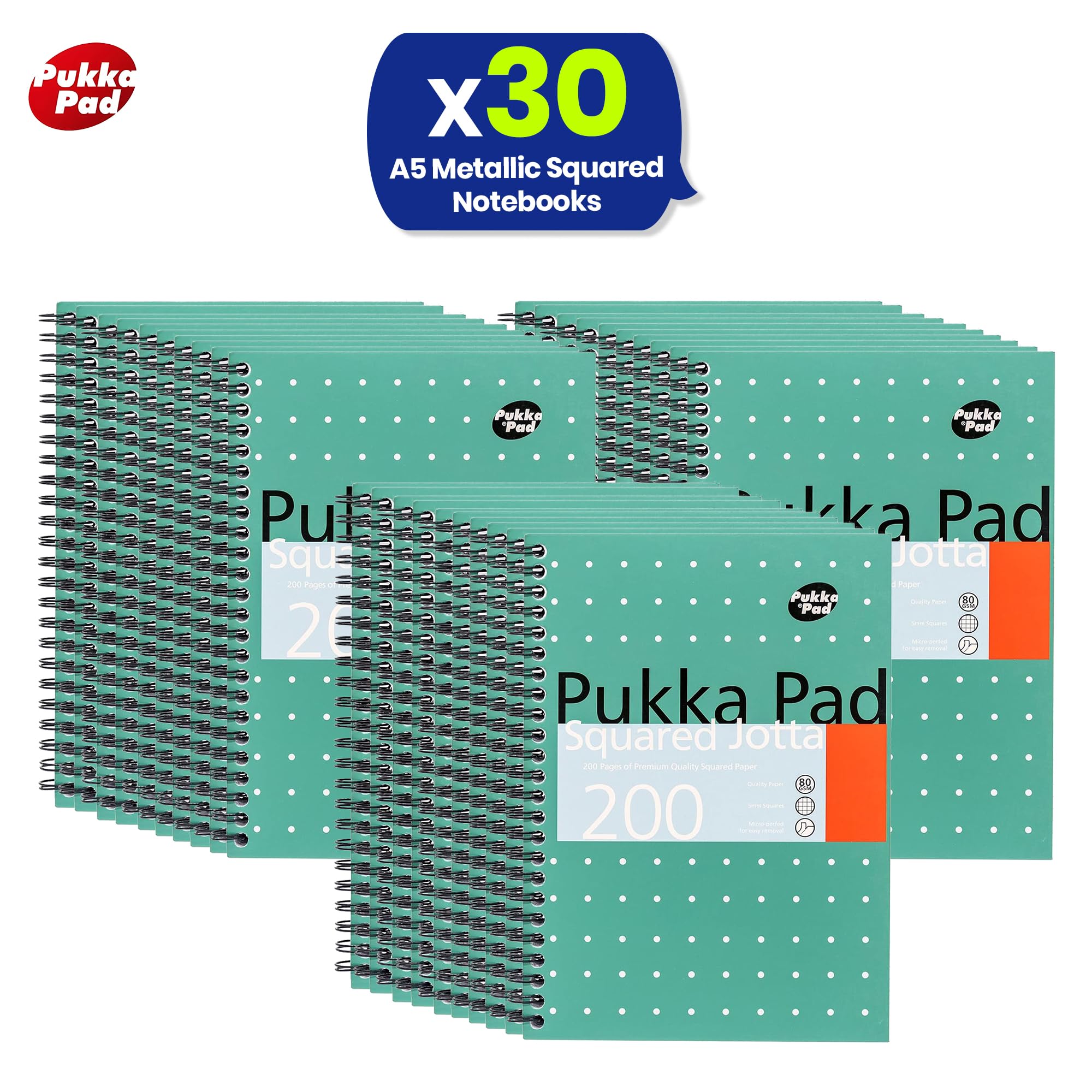 DLM Direct Pukka Notatnik A5 w kratkę Jotta Book 200 stron, z kwadratami 5 mm, papier 80 g/m² z perforowanymi krawędziami, do szkoły, biura i dziennika, 30 szt