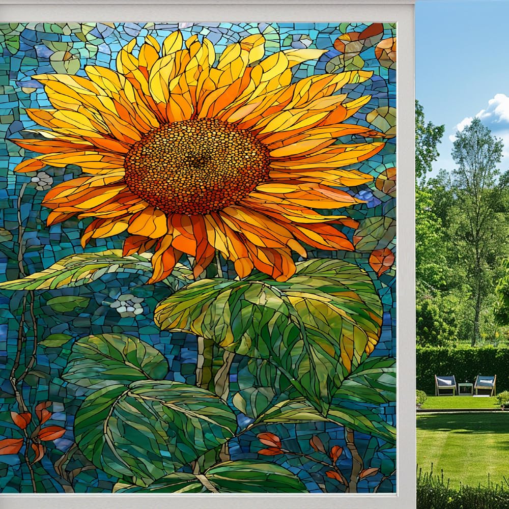 Pmlbaous Retro Sunflower Privacy Window Film, Colorful Field Natural Flower Frosted Self-Adhesive Vinyl Cling For Glass Doors Bathroom Windows Sun Blocking Heat Control, （55X100cm）