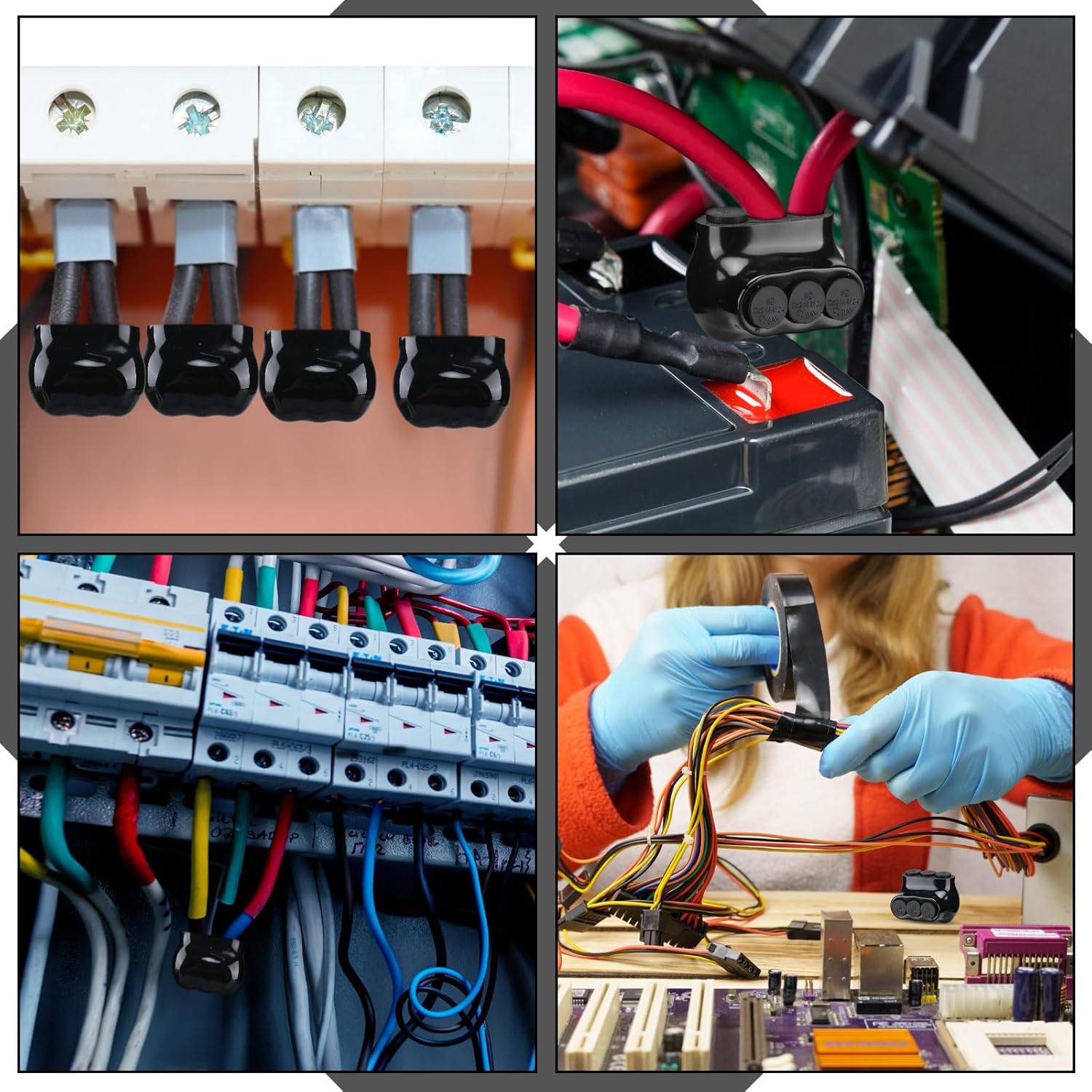 Kanayu 5 Pcs Black Insulated Multi Cable Connector, 3 Ports Electric Wire Connectors and Soldering Lugs, Single Side Entry Cable Splicers, with Oxide Inhibitor (2-14 Wire Range,1.98" x 1.30")