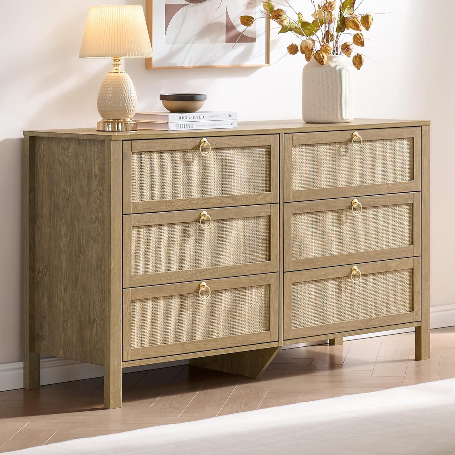 SICOTAS 6 Drawer Dresser for Bedroom - 51" Wide Rattan Dressers Chest of Drawers for Closet, Larger Storage Cabinet Farmhouse Boho Dresser TV Stand for Living Room, Hallway (Carbon Cherry)