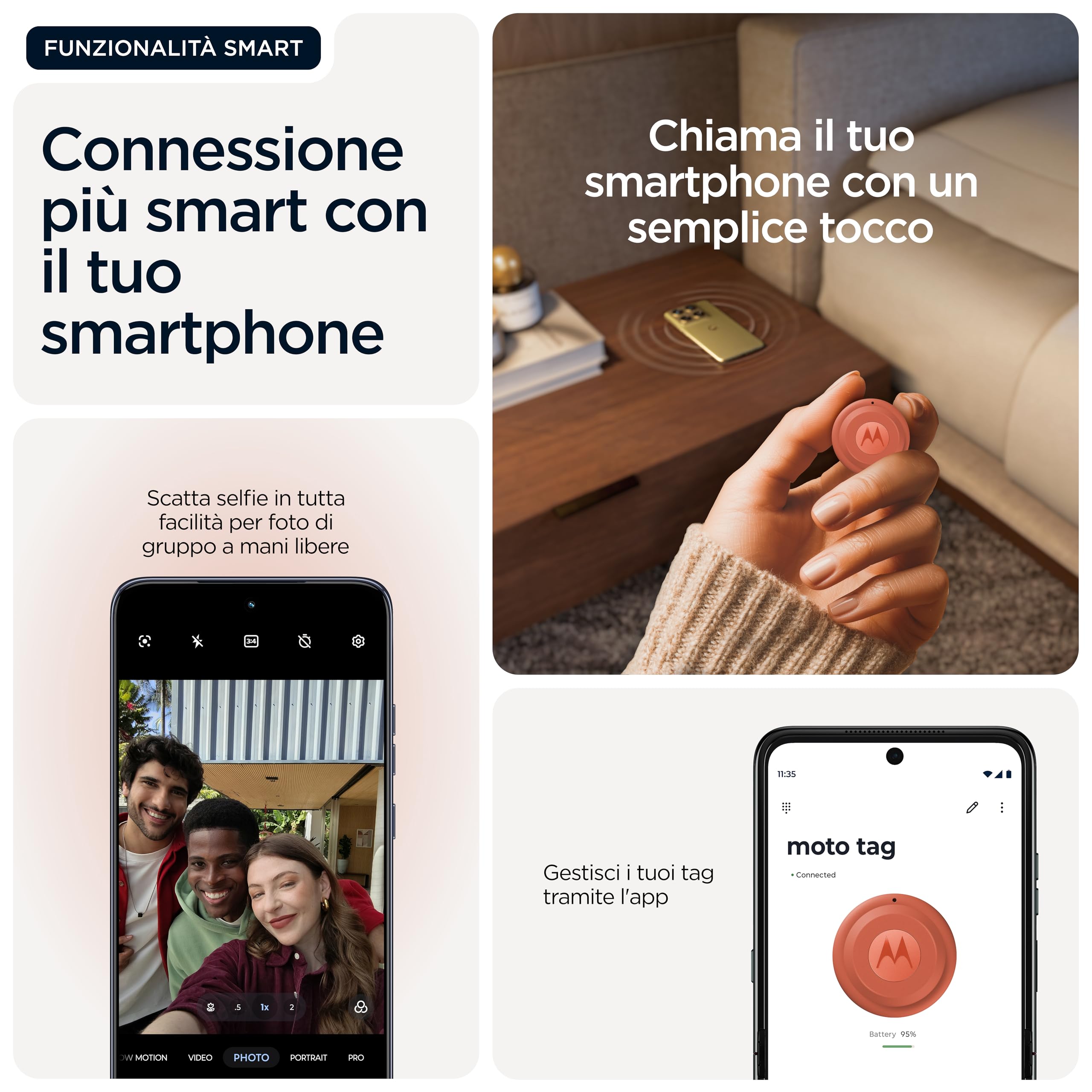 Motorola Moto Tag 2 (4-Pack), Tracker Android™, Bluetooth Channel Sounding + UWB, Protezione IP68, Batteria Lunga Durata, Pantone Arabesque & Laurel Oak