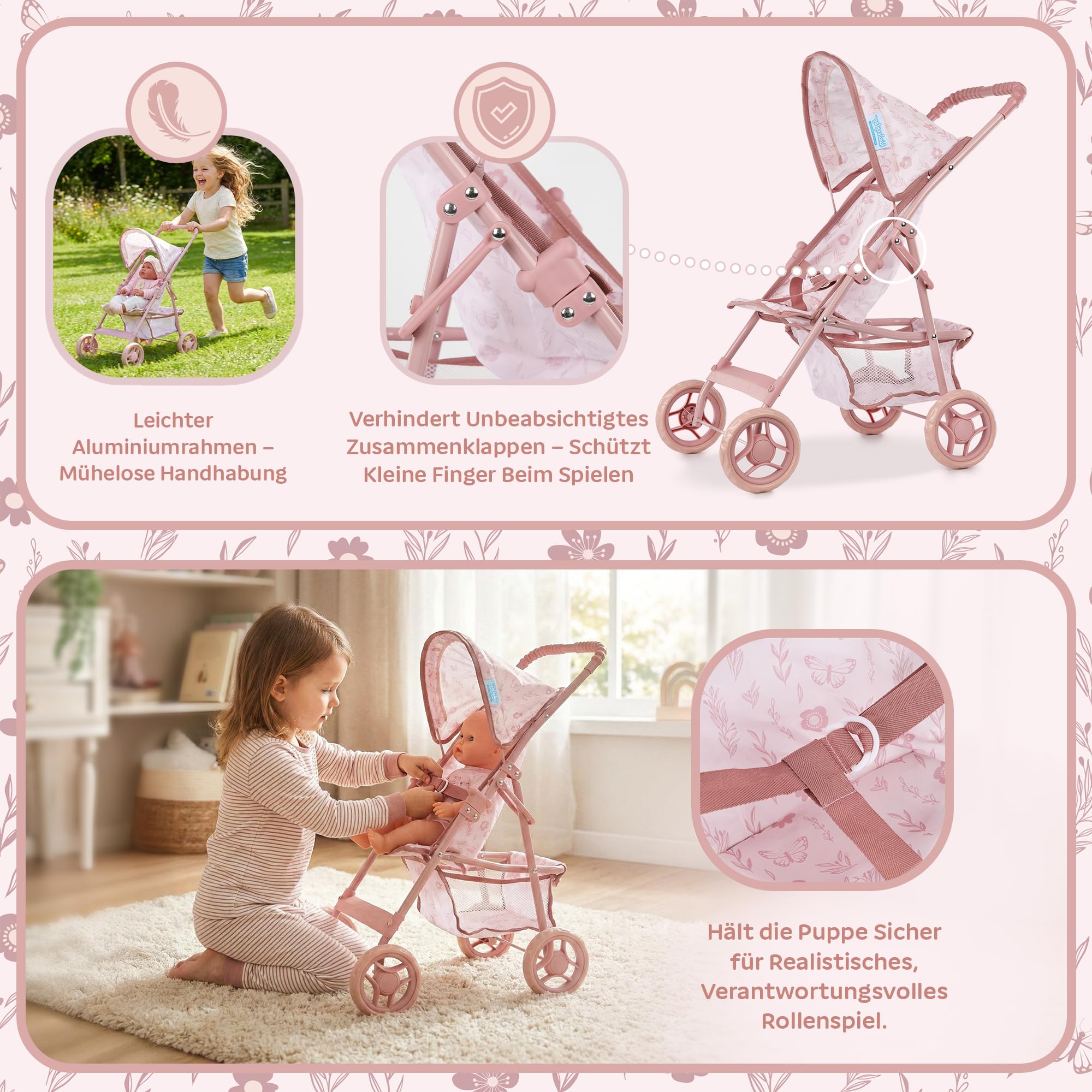 Kinderplay Puppenbuggy ab 2 Jahren – Leichter Faltbarer Puppenwagen mit Verdeck & Einkaufskorb, Stabiler Rahmen, Klappbarer Puppenkinderwagen KP0280A