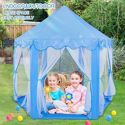 Miniatura 2 de Sumbababy Tienda de campaña de castillo de princesa para niñas, tiendas de campaña de juegos de hadas para niños, casa de juegos hexagonal azul con