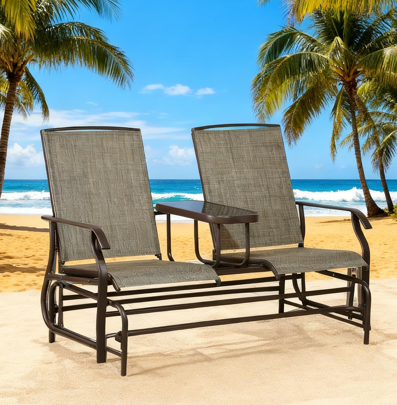 YLGJ&TIDY Outdoor Glider Bench & Patio Furniture - 2-Seater Rocking Chair with Coffee Table, Weather-Resistant Glider Chair Set of 2 for Garden,