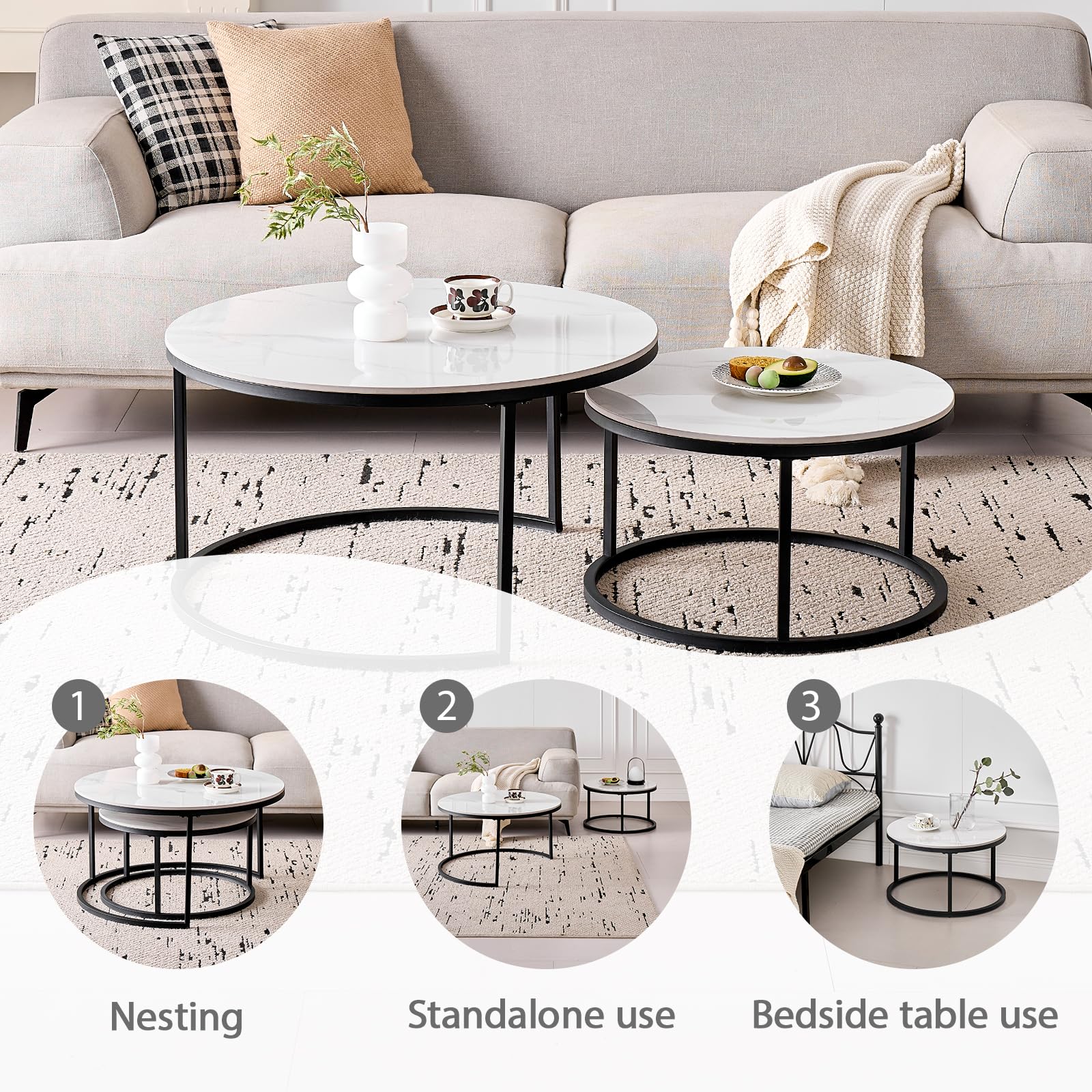 GrandCA HOME Set di 2 Tavolini Rotondi da Caffè, Tavolini Impilabili Moderni per il Soggiorno, Struttura in Metallo Nero, 50 cm e 70 cm, Realizzati in Marmo Bianco e Pietra Sinterizzata