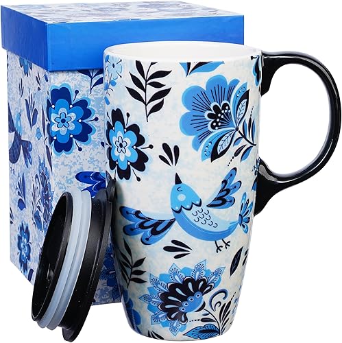 Miniatura 12 de Taza de viaje de cerámica de girasol de Topadorn con tapa y caja de regalo a juego, taza de café latte, 17oz. Hola, sol