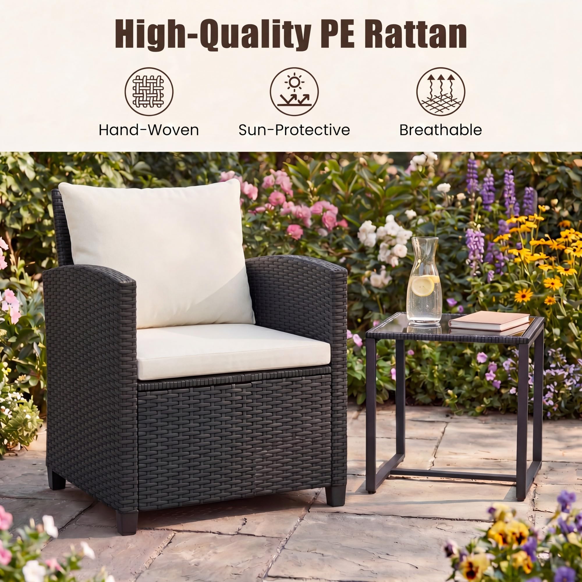 LIFEZEAL - Juego de salón de jardín para 2 personas, muebles de exterior de ratán PE con 2 sillones, cojines y mesa auxiliar de cristal templado, 3 piezas para balcón, terraza (negro+beige)