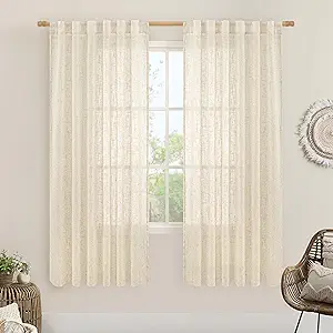 LAMIT Beige Linen Curtains for Living Room 2 Panels Set, 68 Inch Faux Linen Textured Light Filtering Drapes Back Tab and Rod Pocket Boho Panels for Farmhouse/Bedroom/Porch, 52 x 68 Inch