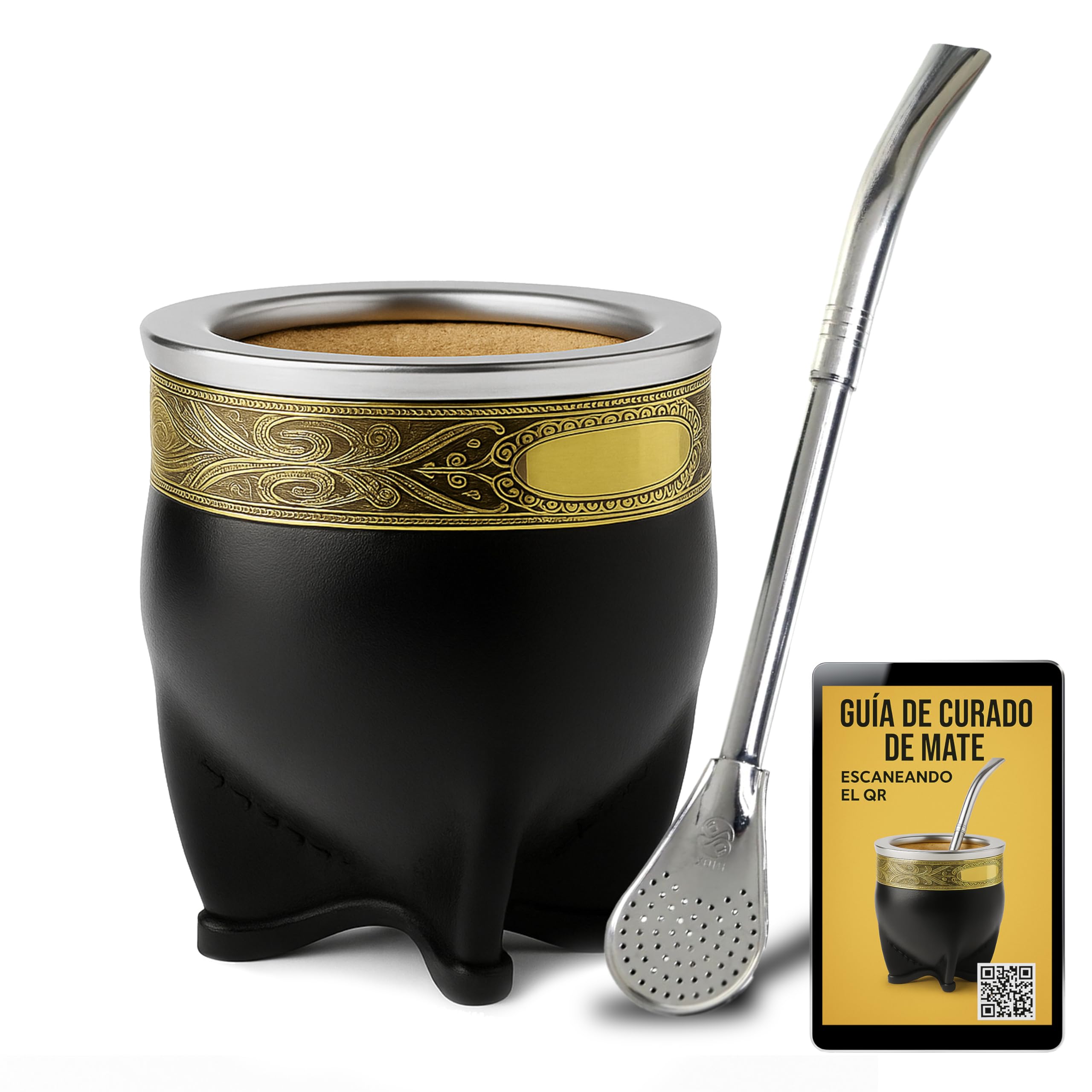 Kit Mate Imperial Premium + Bombilla Mate Pico de Loro | Vaso Calabaza Artesano y Bombilla de Acero Inoxidable Ideal para Regalar o Tomar diariamente | Incluye Guía de Curado