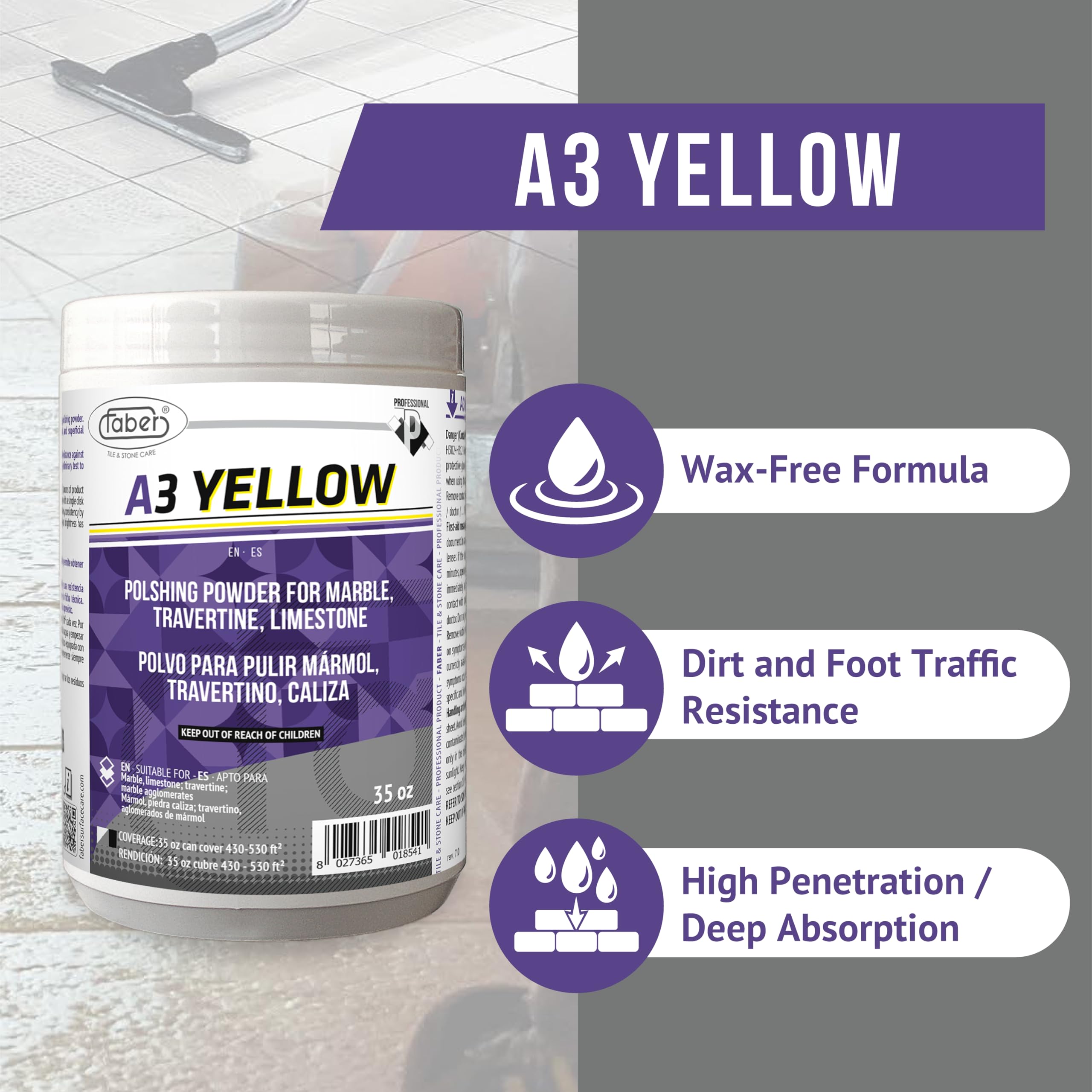 Faber - A3 Yellow 1 kg. - Poudre de polissage humide pour le polissage à effet vitrifié de tous les matériaux calcaires tels que le marbre, le calcaire, le travertin et les agglomérés à base de