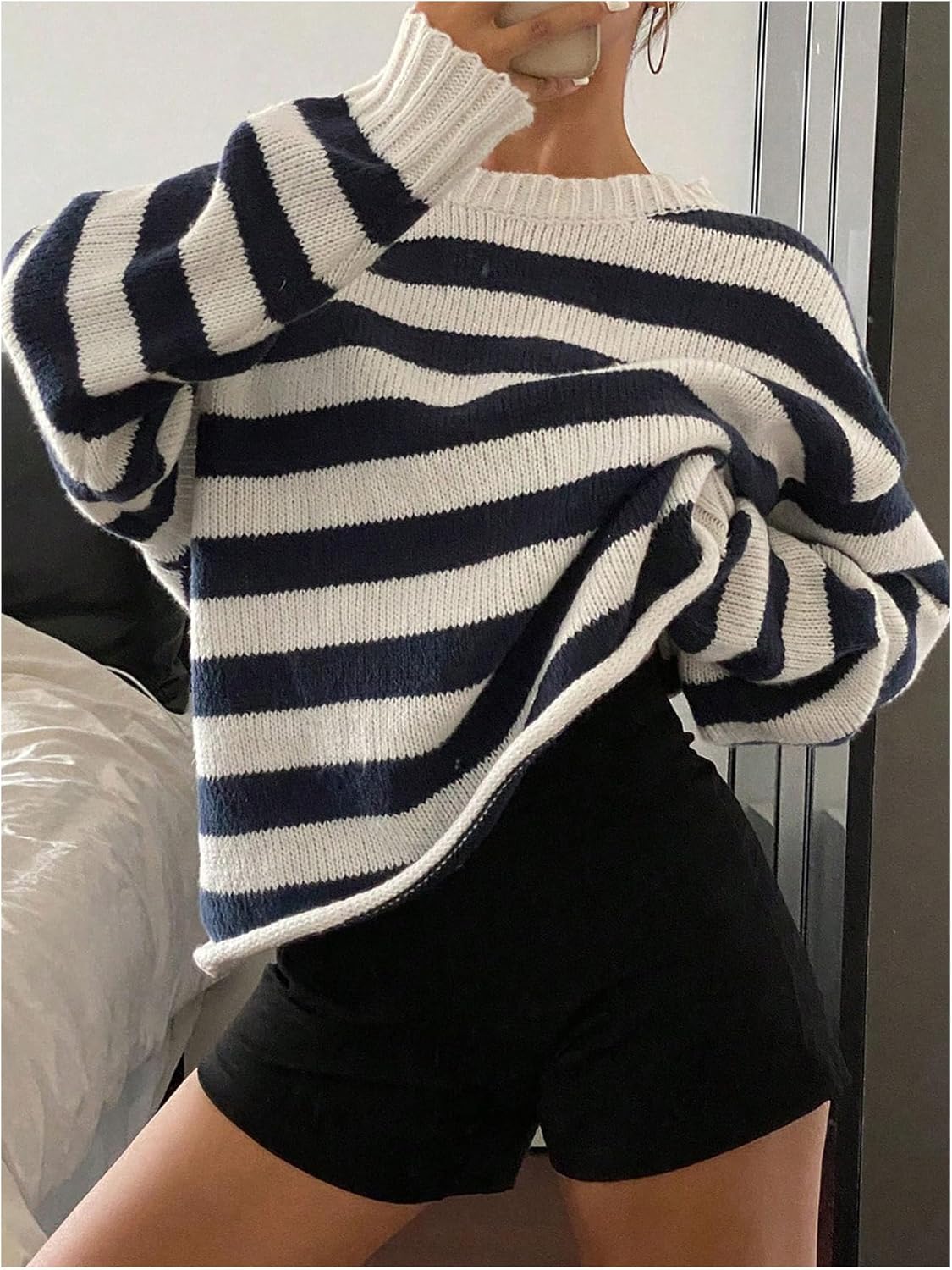 Women's Striped Knit Sweater Crew Neck Loose Fit Jumpers Pullover Sweaters - Image 3