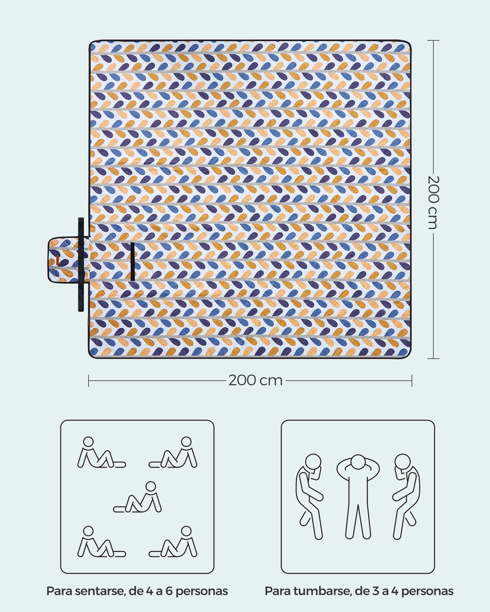 SONGMICS - Manta de pícnic, 200 x 200 cm, Gran Alfombra, para Camping, Parque, jardín, Playa, Repelente al Agua, Lavable a máquina, Plegable, diseño de Hoja GCM87CU